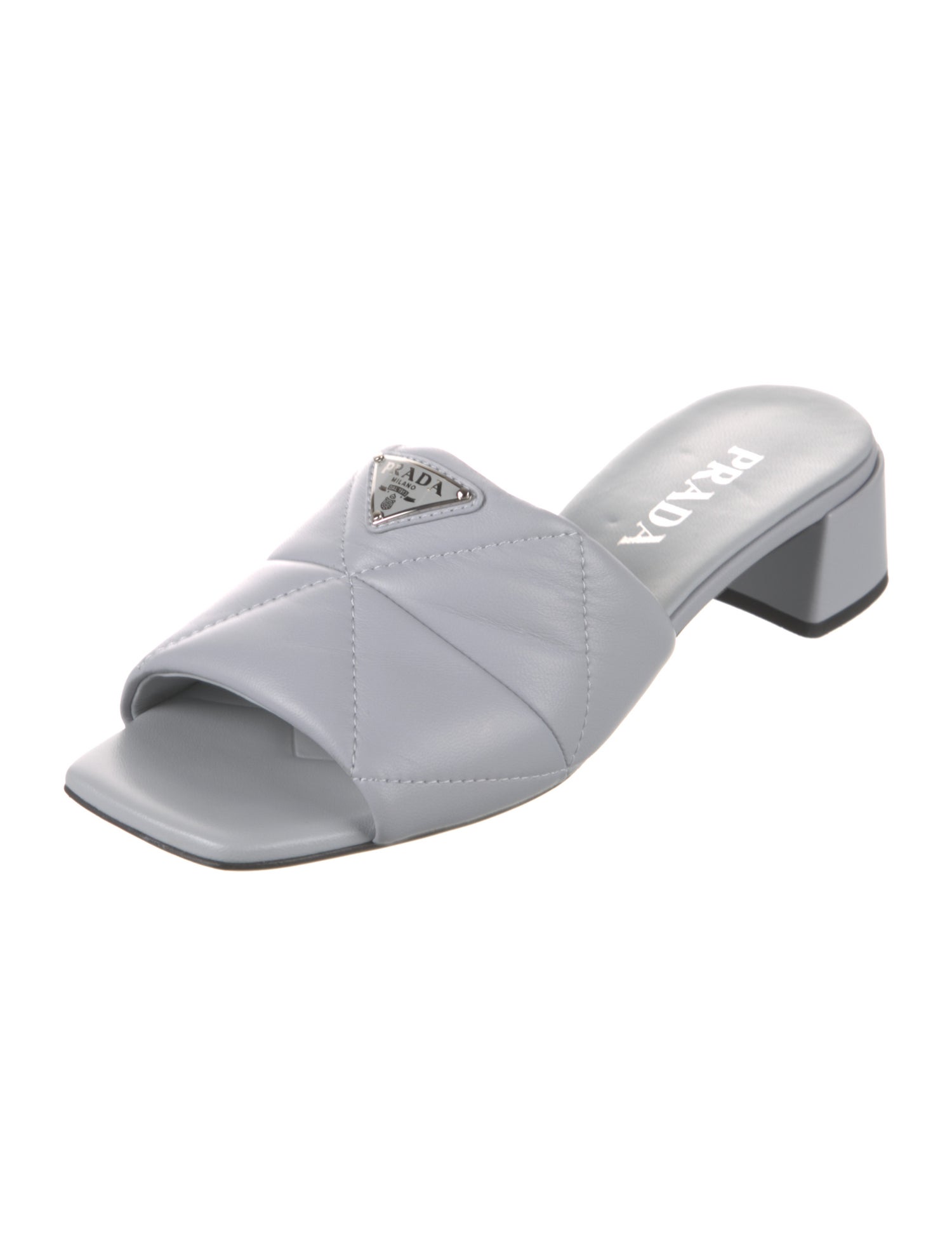 Prada Enameled Metal Triangle Leather Slides
