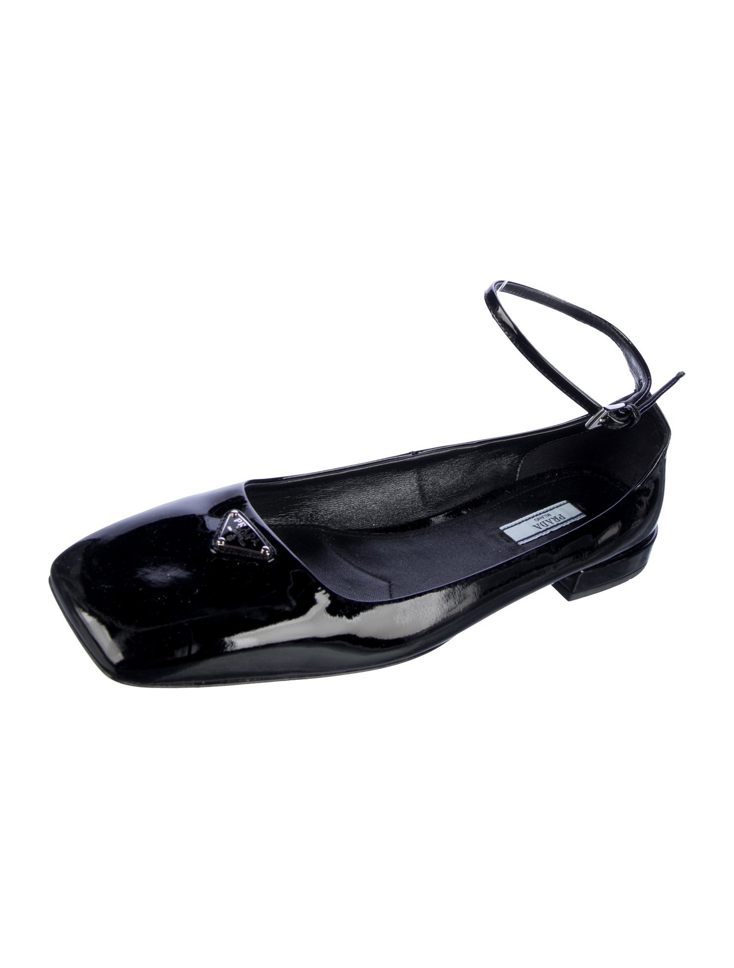 Prada Enameled Metal Triangle Patent Leather Flats