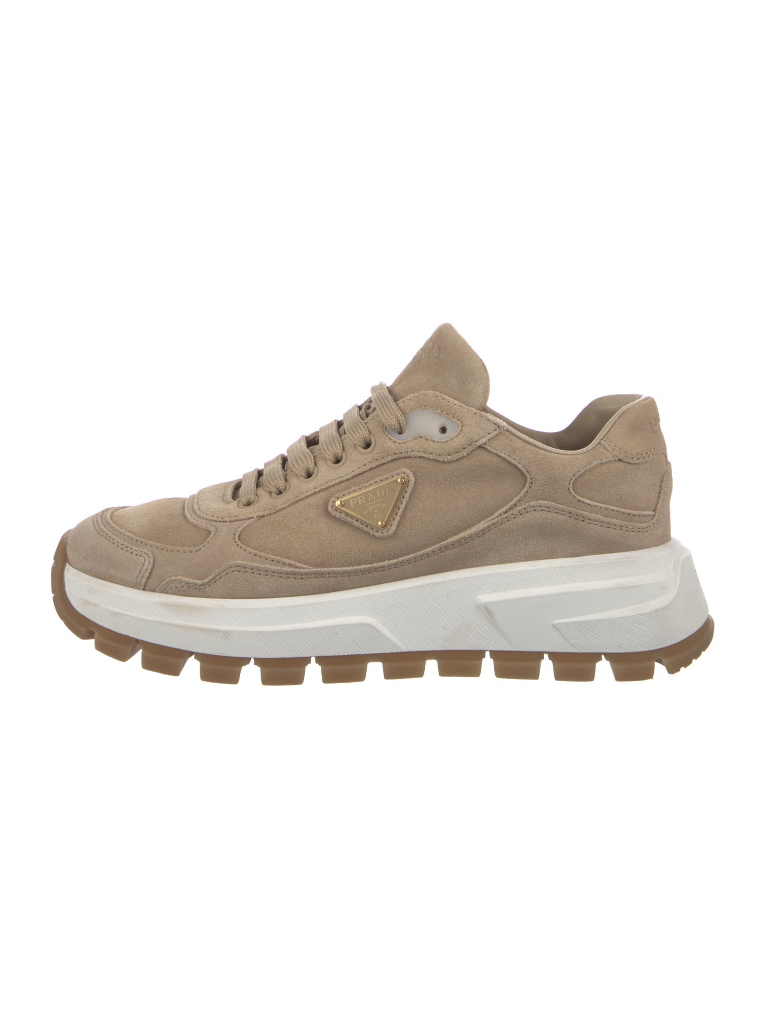 Prada Enameled Metal Triangle Suede Sneakers
