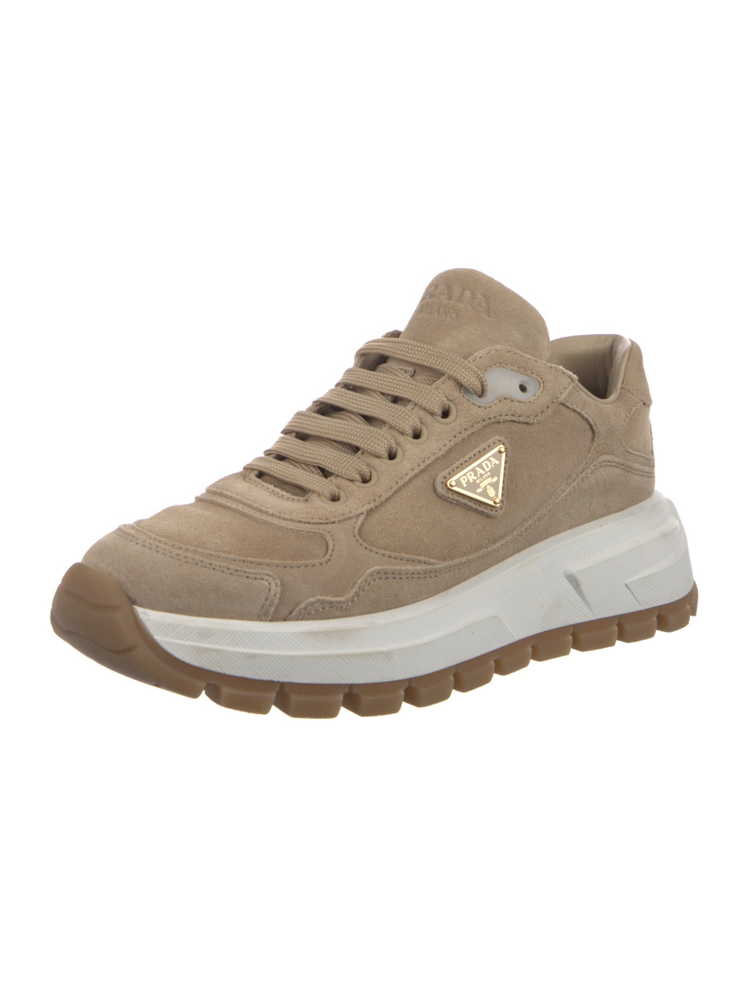 Prada Enameled Metal Triangle Suede Sneakers