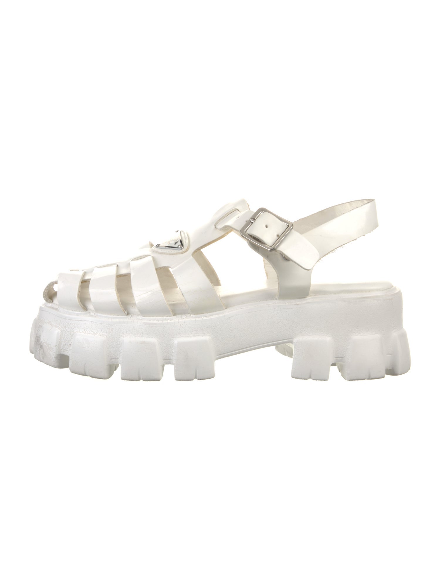 Prada Enameled Metal Triangle Leather Sandals