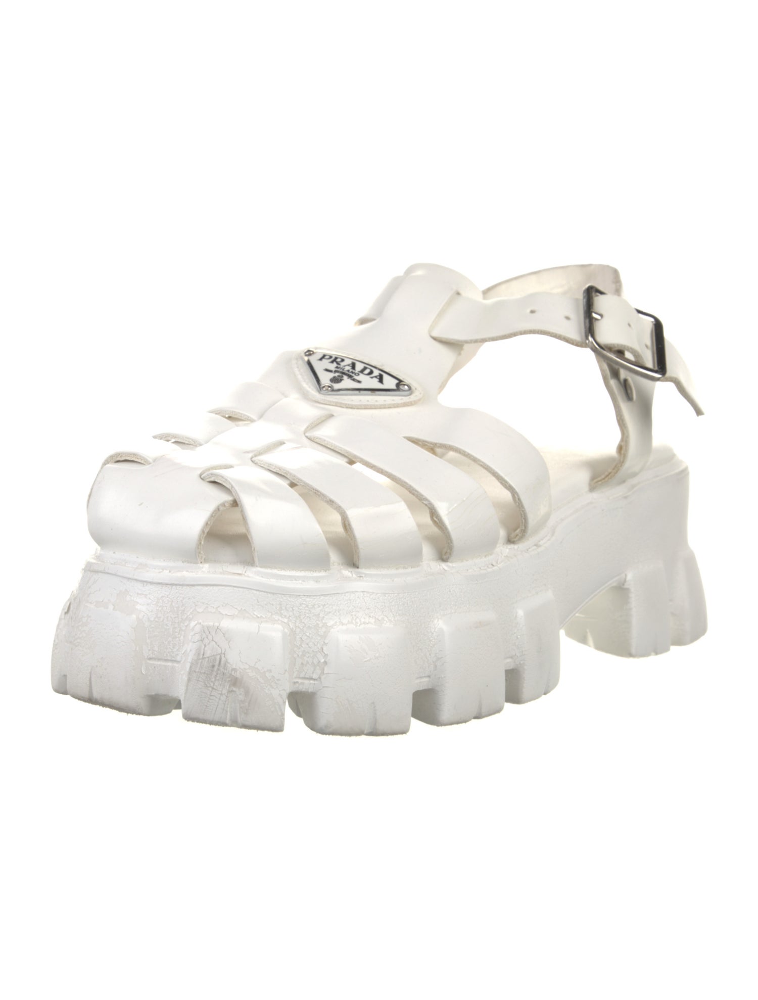 Prada Enameled Metal Triangle Leather Sandals