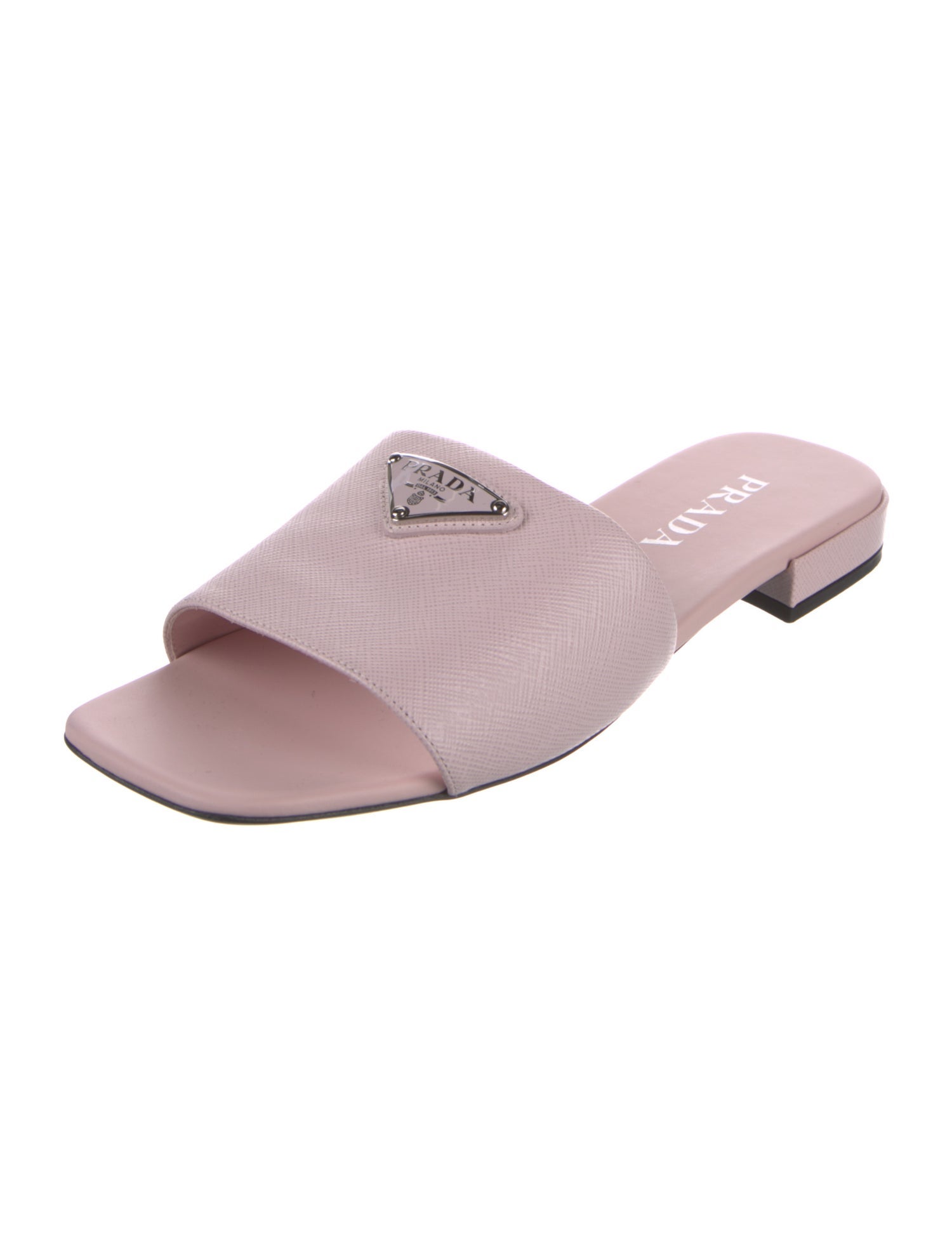 Prada Enameled Metal Triangle Slides