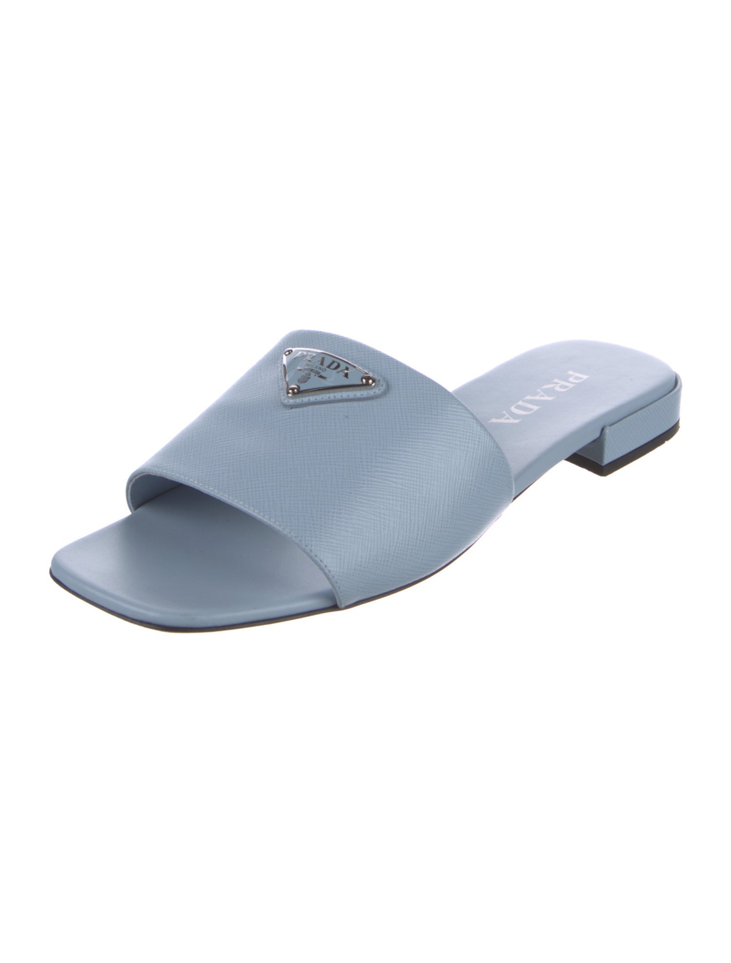 Prada Enameled Metal Triangle Leather Slides