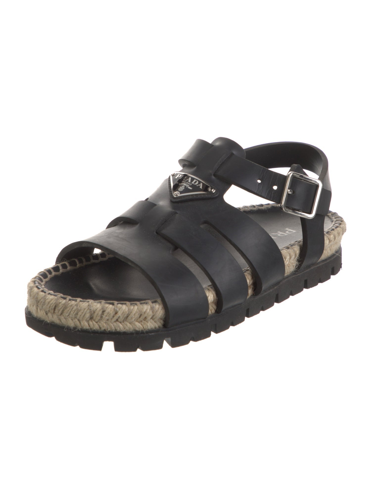 Prada Enameled Metal Triangle Leather Gladiator Sandals