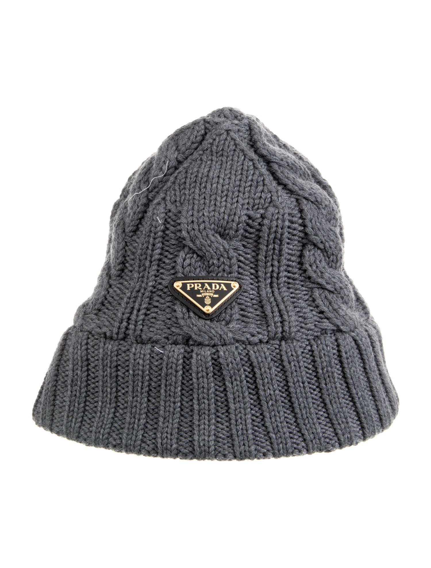 Prada Enameled Metal Triangle Virgin Wool Beanie w/Tags