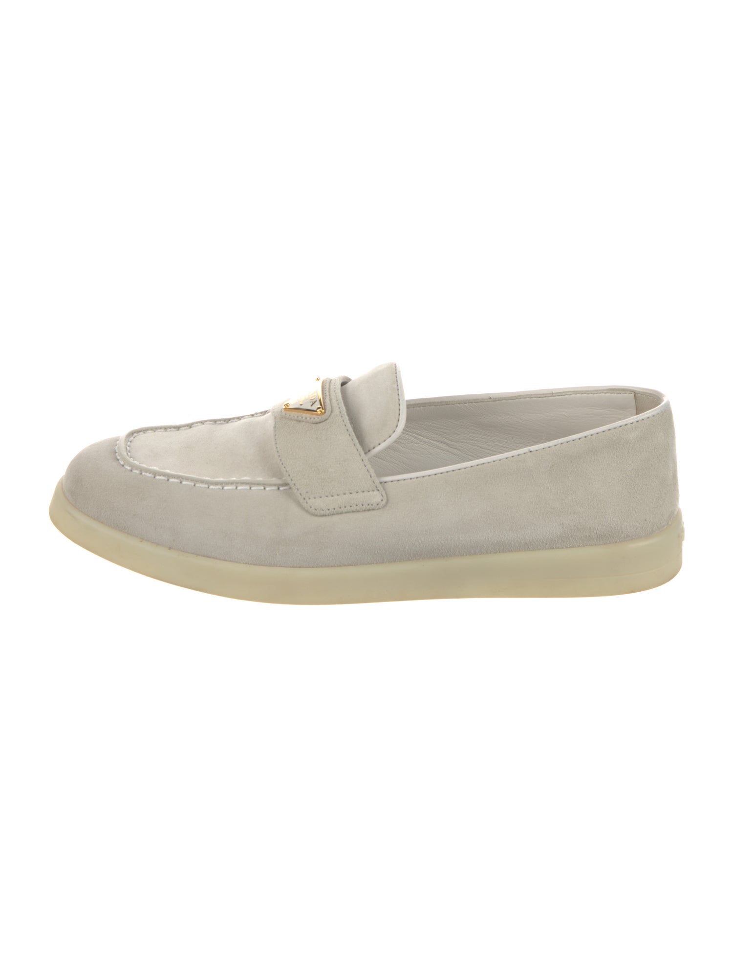 Prada Enameled Metal Triangle Suede Loafers