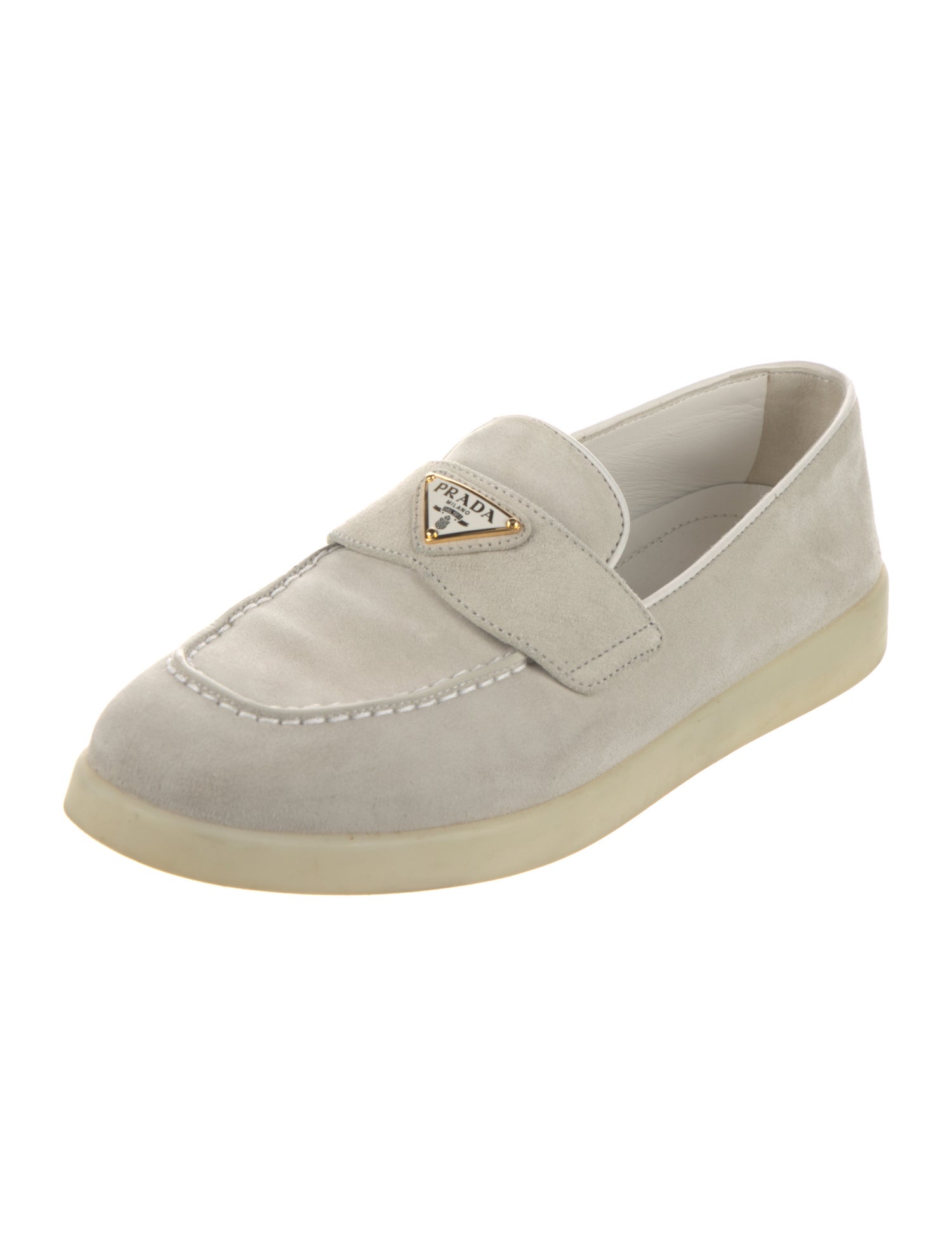 Prada Enameled Metal Triangle Suede Loafers