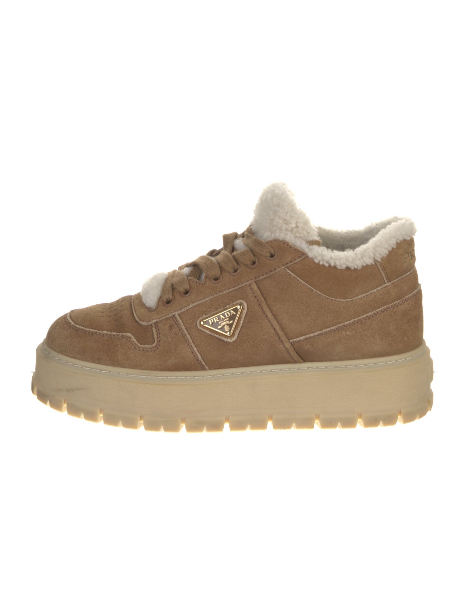 Prada Enameled Metal Triangle Suede Sneakers