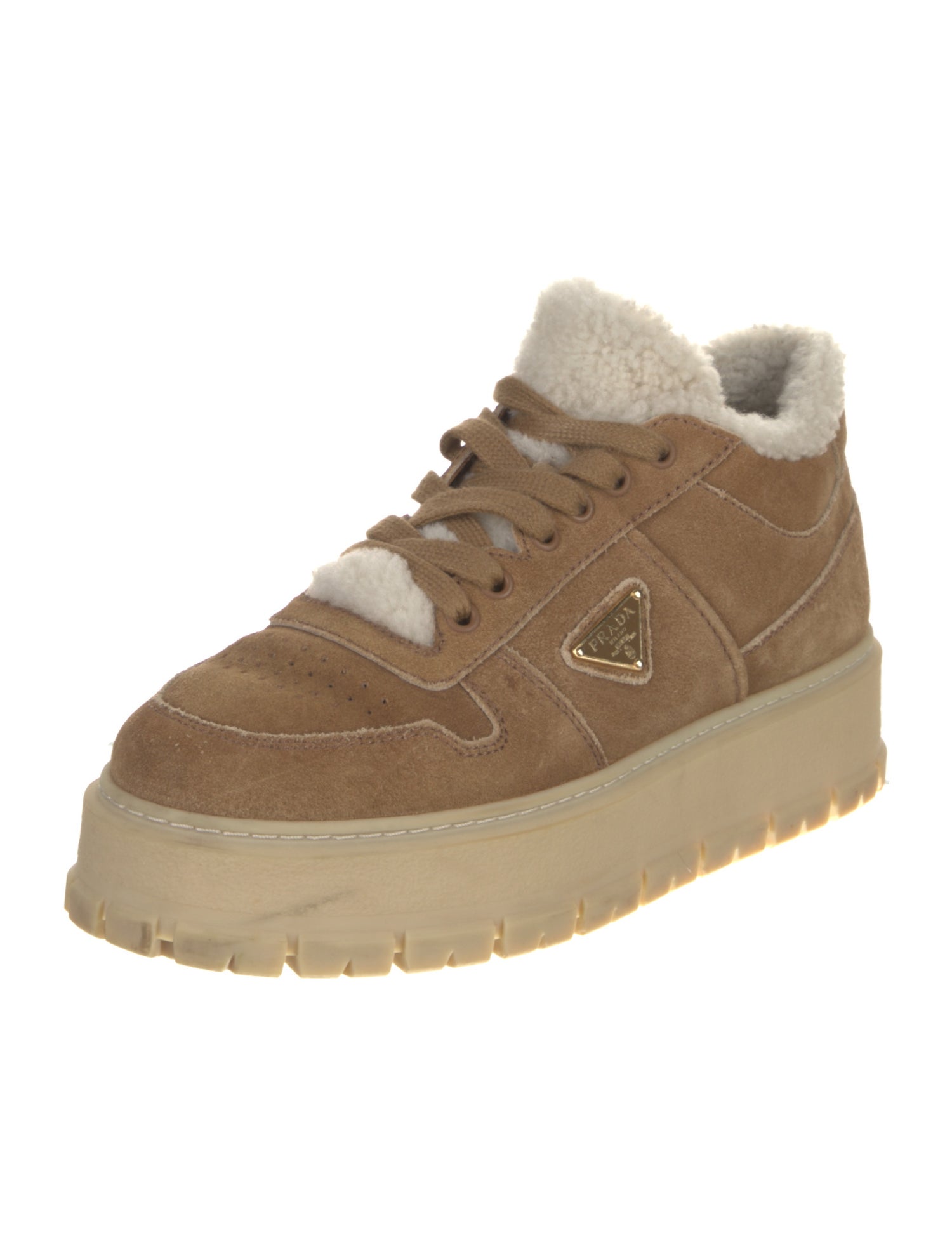 Prada Enameled Metal Triangle Suede Sneakers