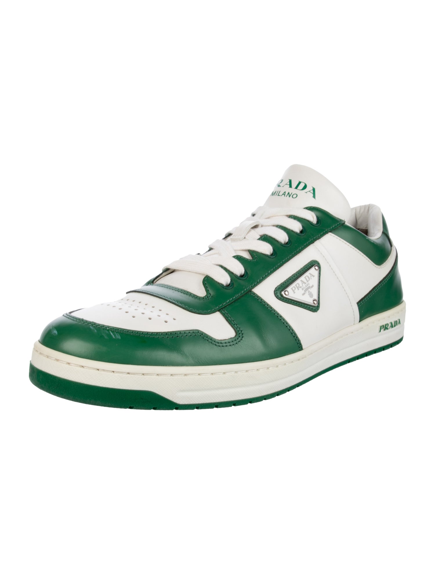 Prada Enameled Metal Triangle Leather Sneakers