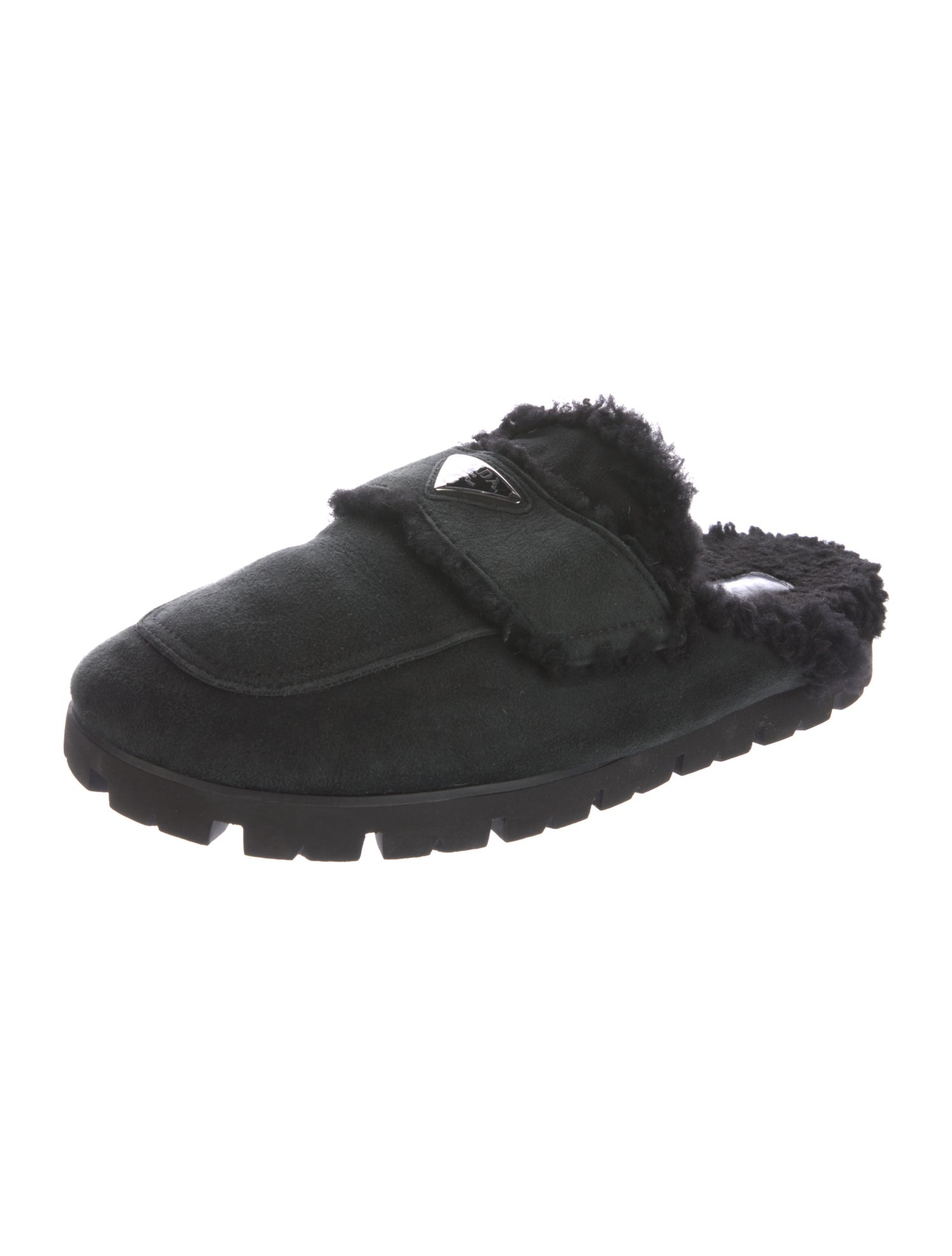Prada Enameled Metal Triangle Suede Loafers