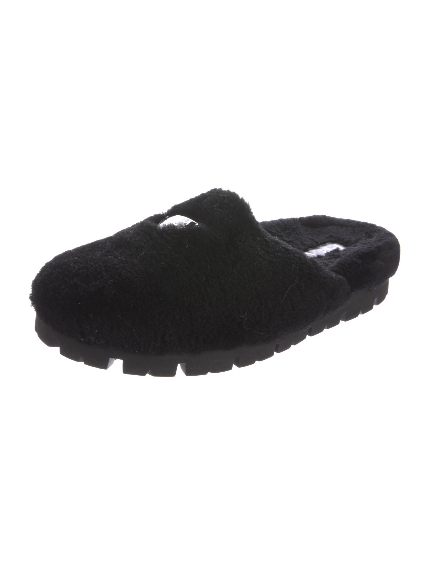 Prada Enameled Metal Triangle Faux Fur Slippers