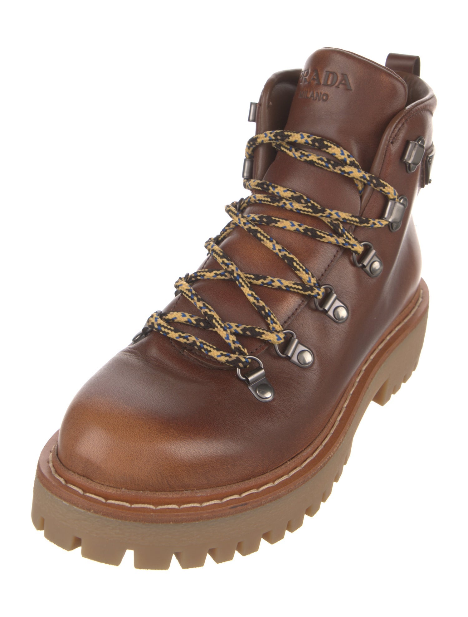 Prada Enameled Metal Triangle Leather Hiking Boots