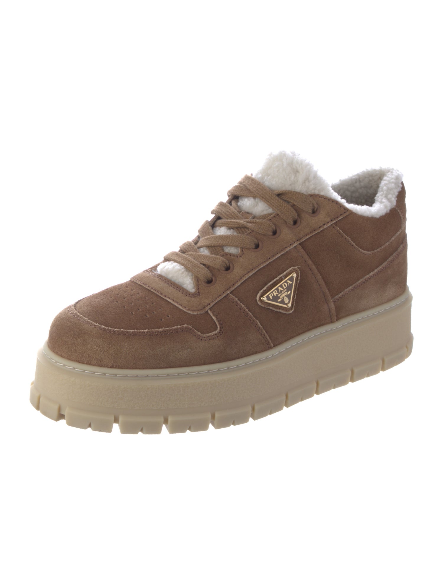 Prada Enameled Metal Triangle Suede Sneakers