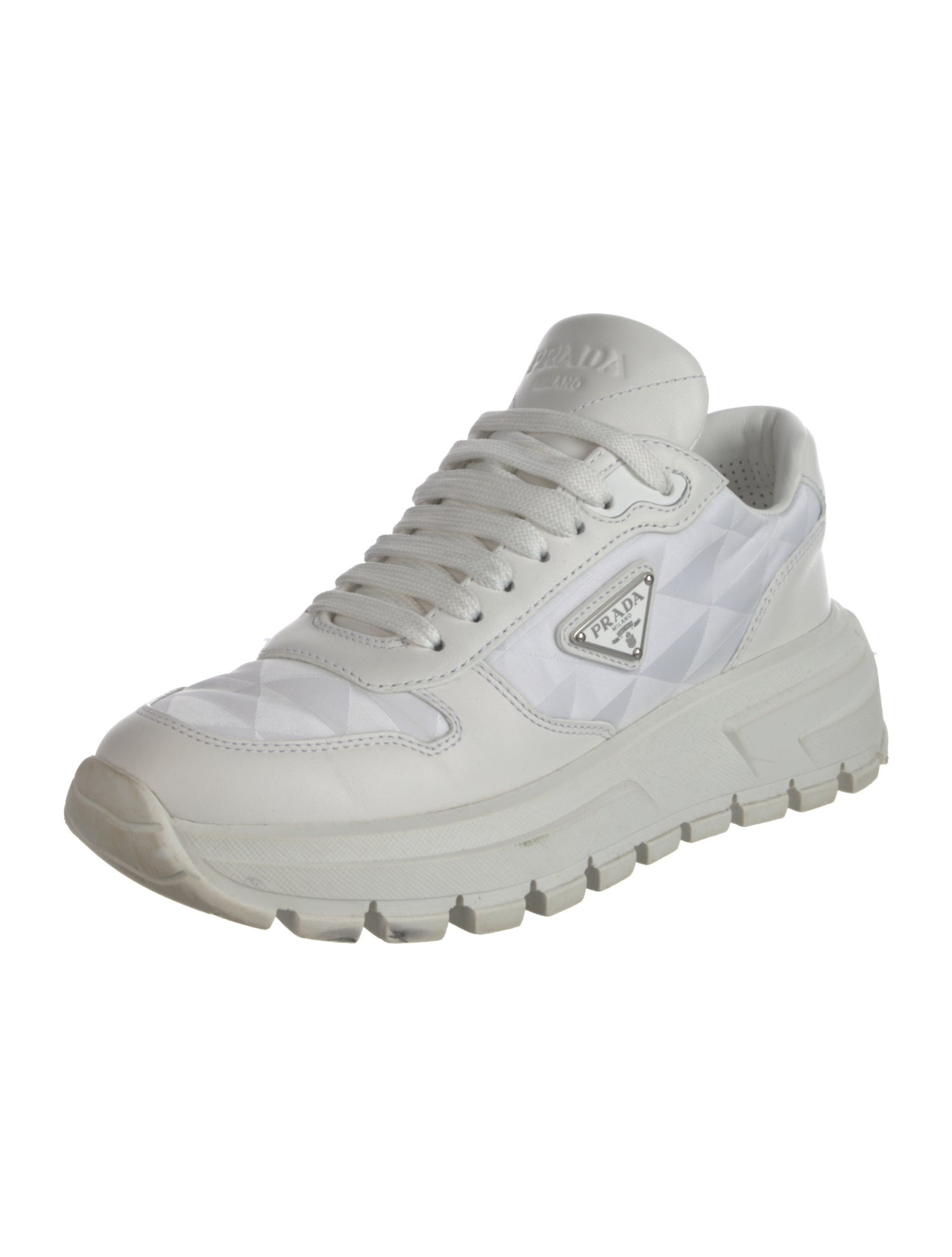 Prada Enameled Metal Triangle Nylon Sneakers