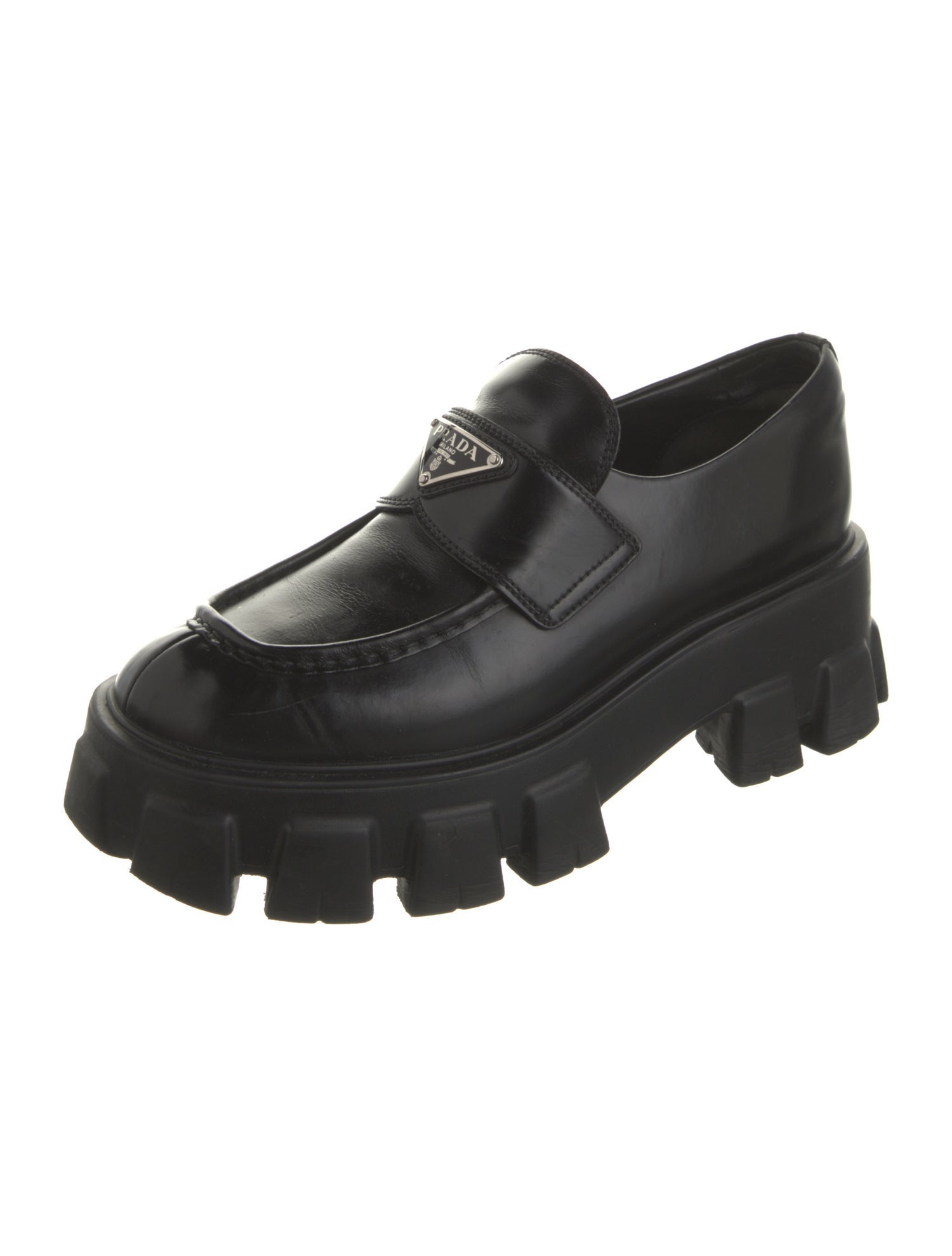 Prada Enameled Metal Triangle Leather Loafers