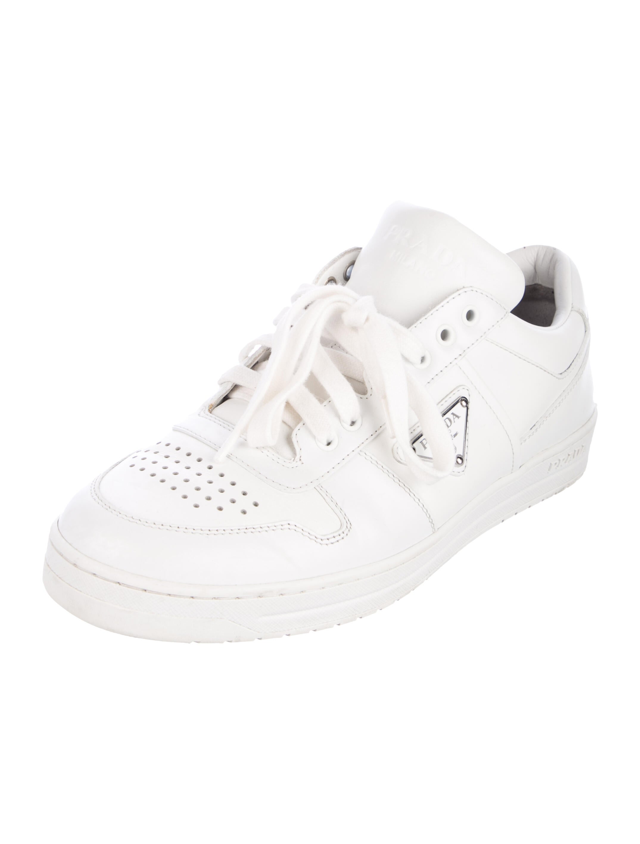 Prada Enameled Metal Triangle Leather Sneakers