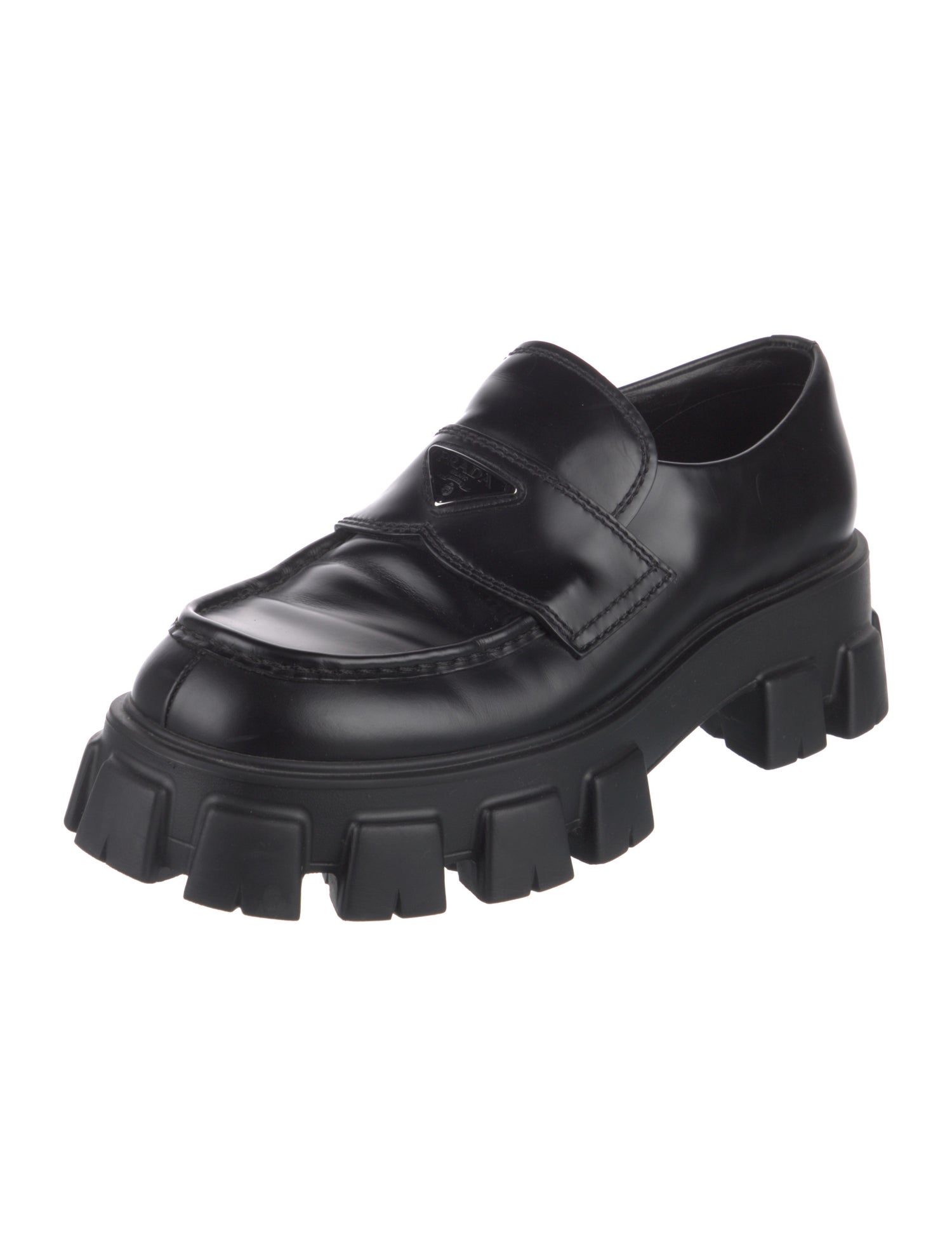 Prada Enameled Metal Triangle Leather Chunky Sneakers
