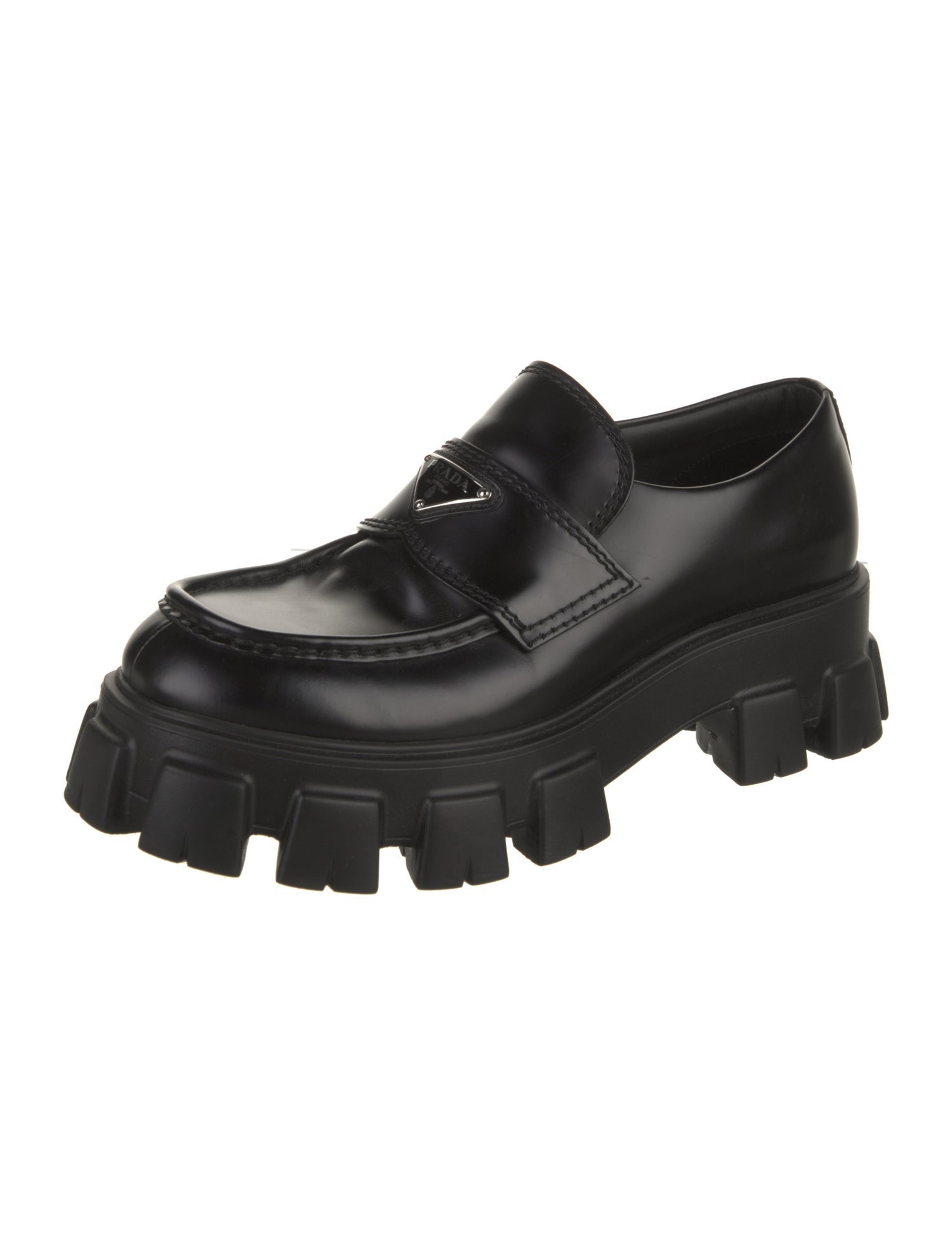 Prada Enameled Metal Triangle Leather Dress Loafers