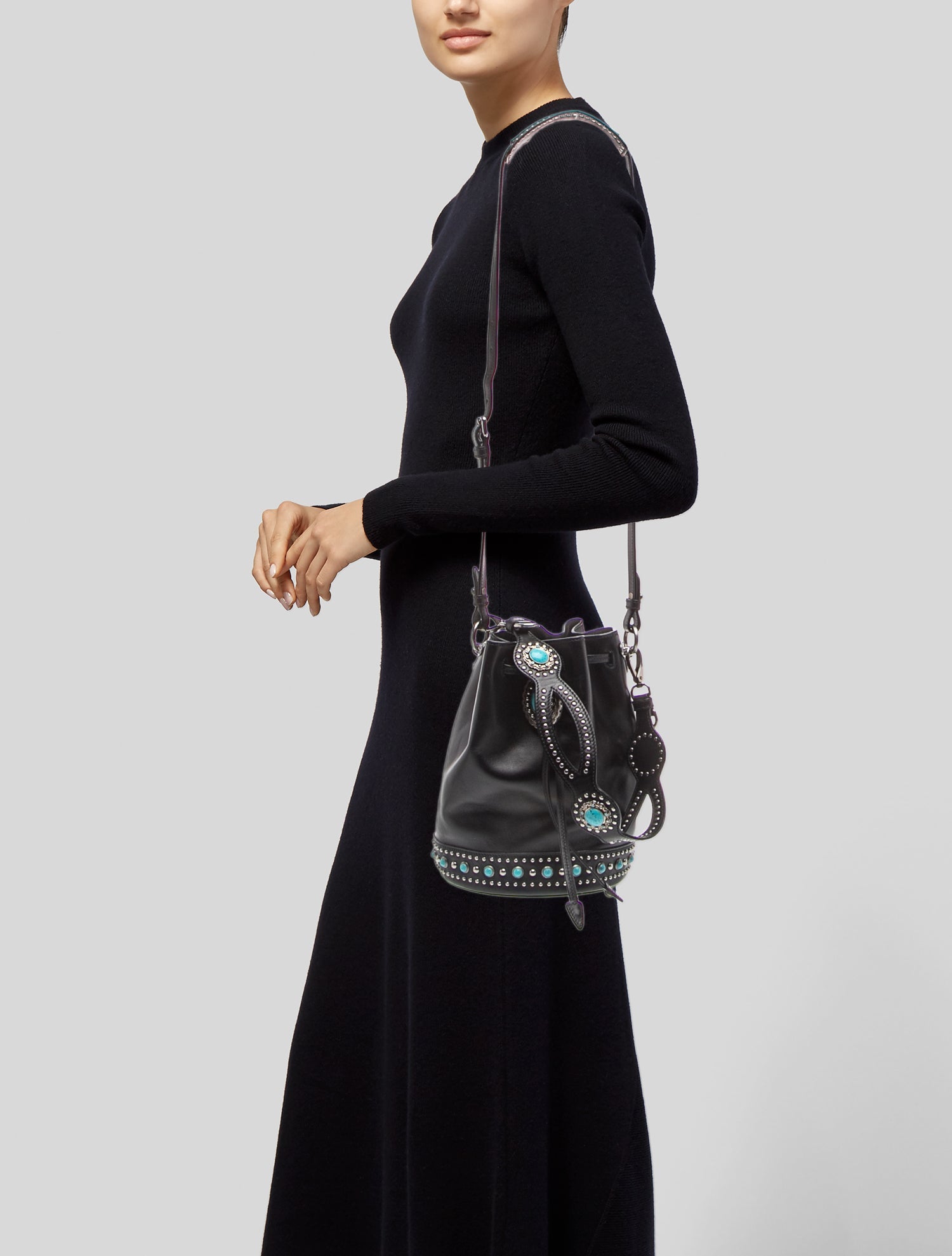 Prada Vitello Daino Leather Black Folk Drawstring Bucket Bag