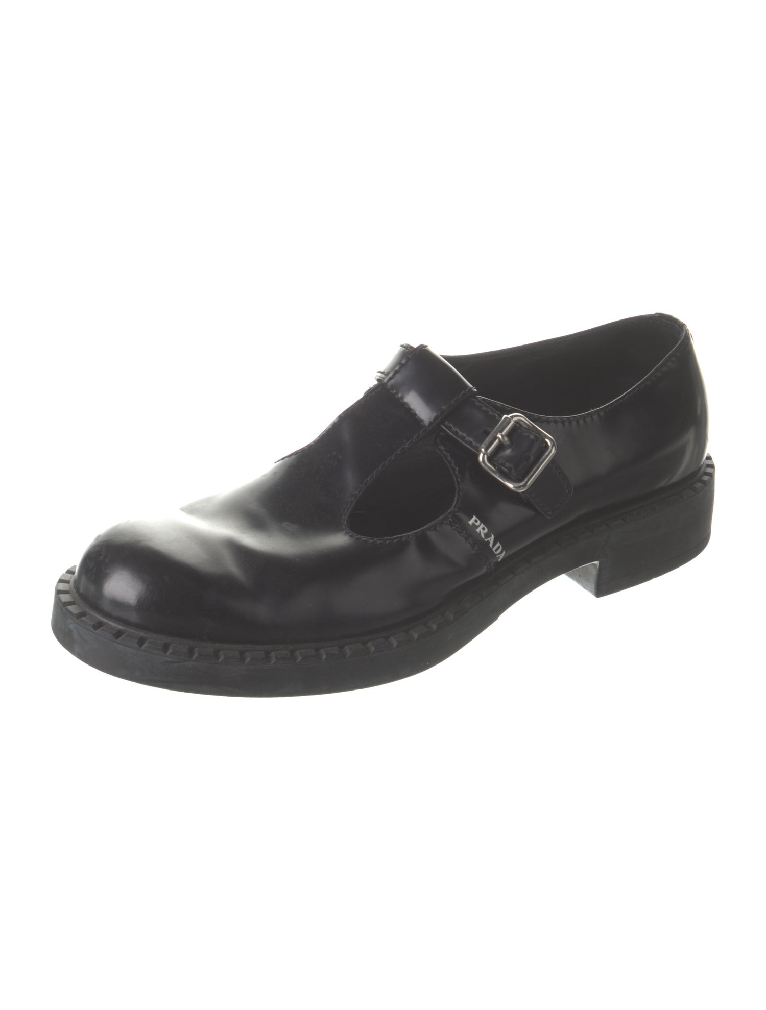 Prada Enameled Metal Triangle Leather Monk Straps