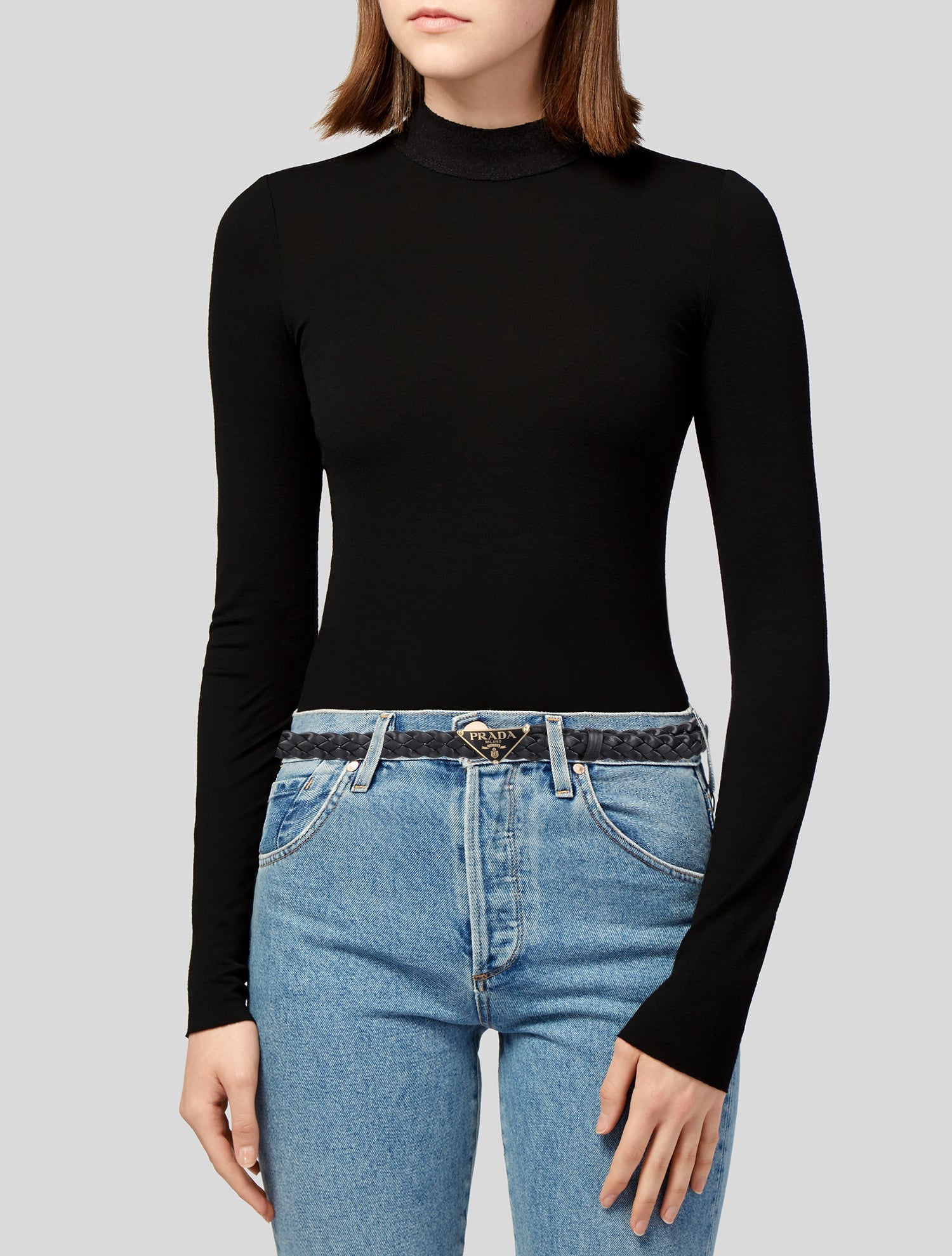 Prada Leather Enameled Metal Triangle Belt