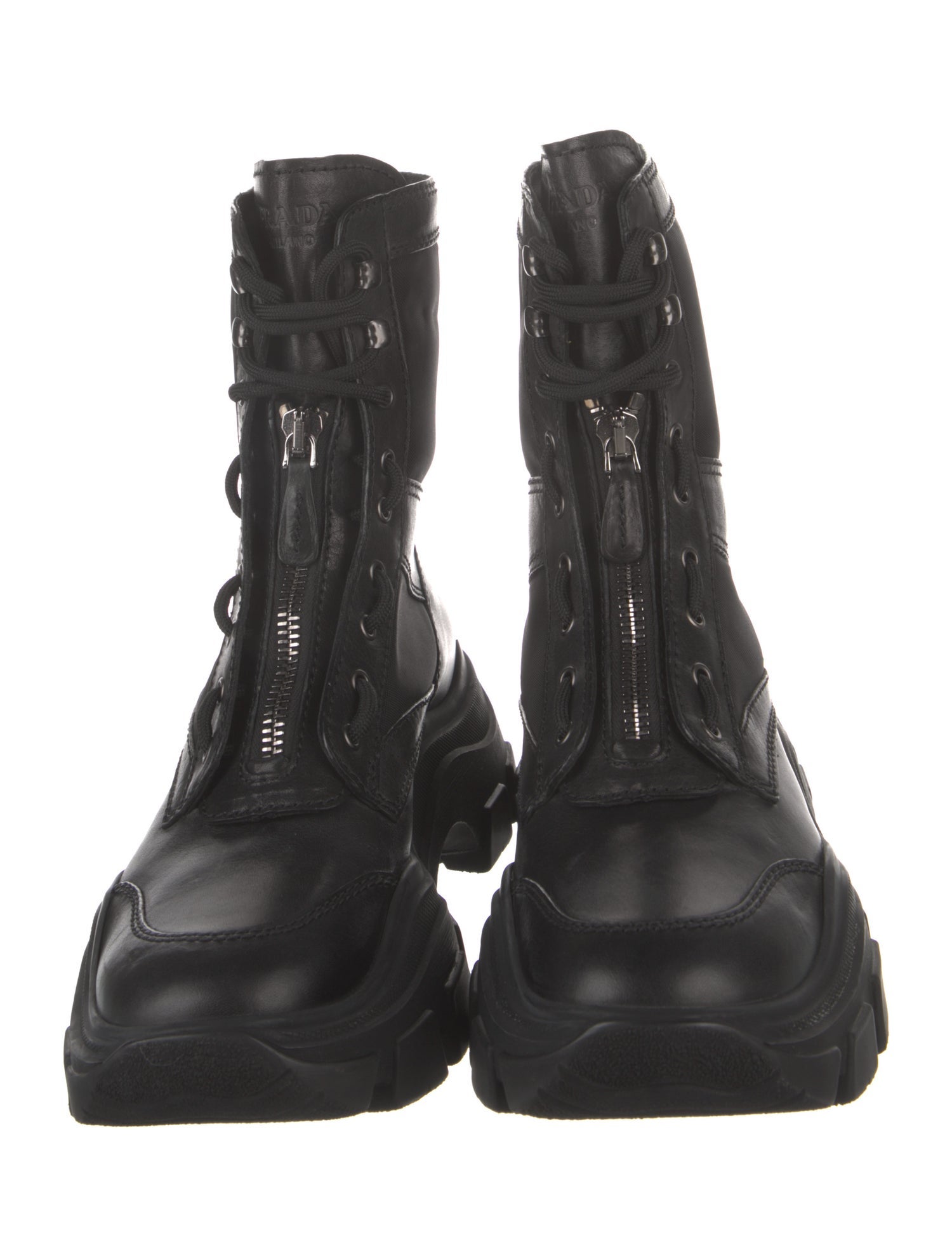 Prada Tessuto Nylon Leather Lace-Up Boots - Black Boots, Shoes