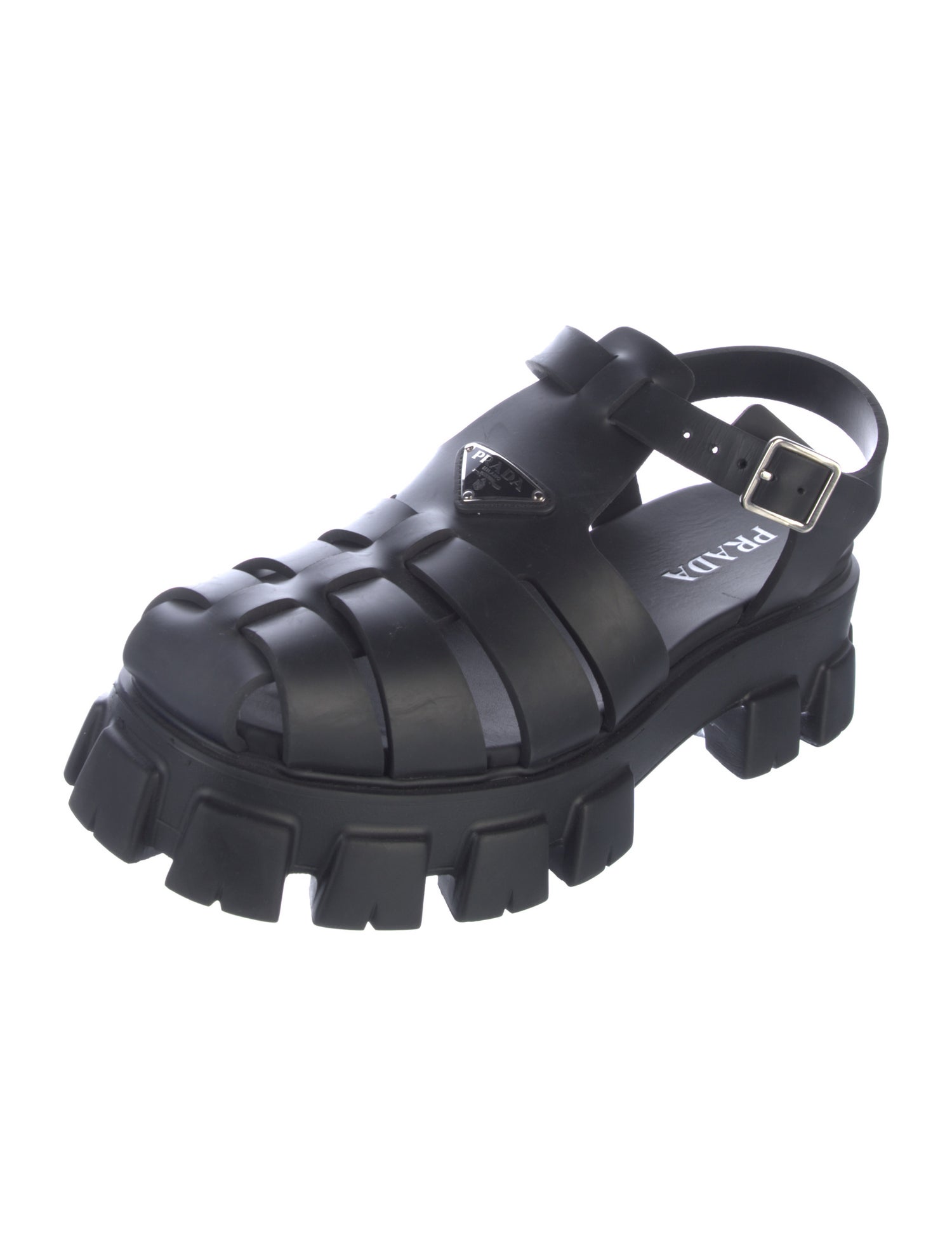 Prada Enameled Metal Triangle Rubber Sandals