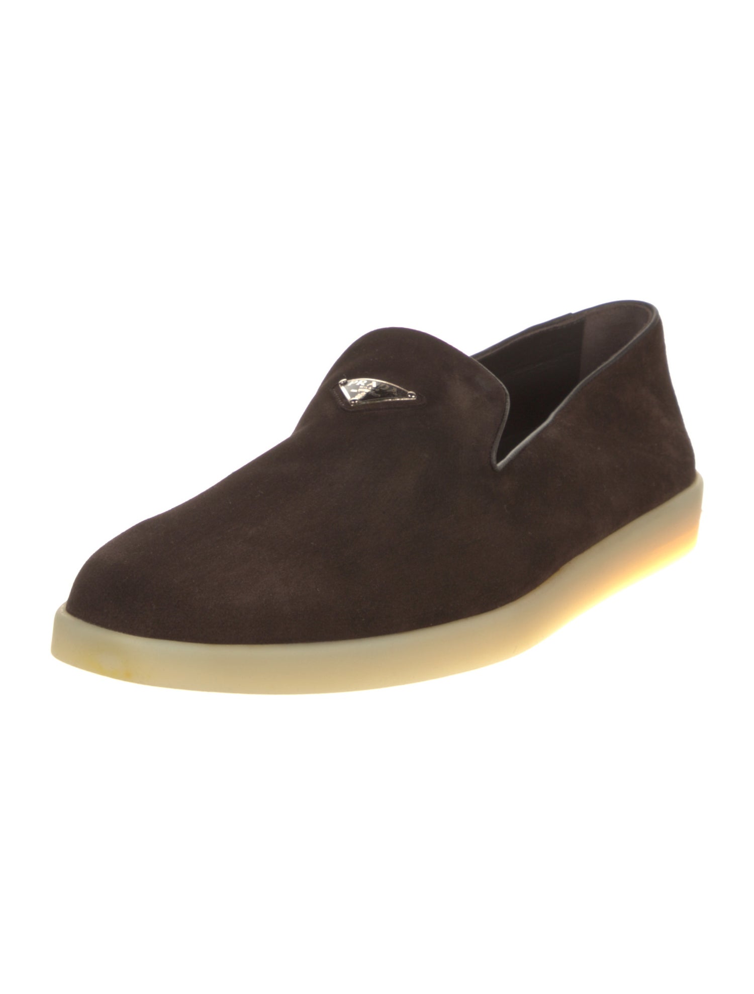 Prada Enameled Metal Triangle Suede Loafers
