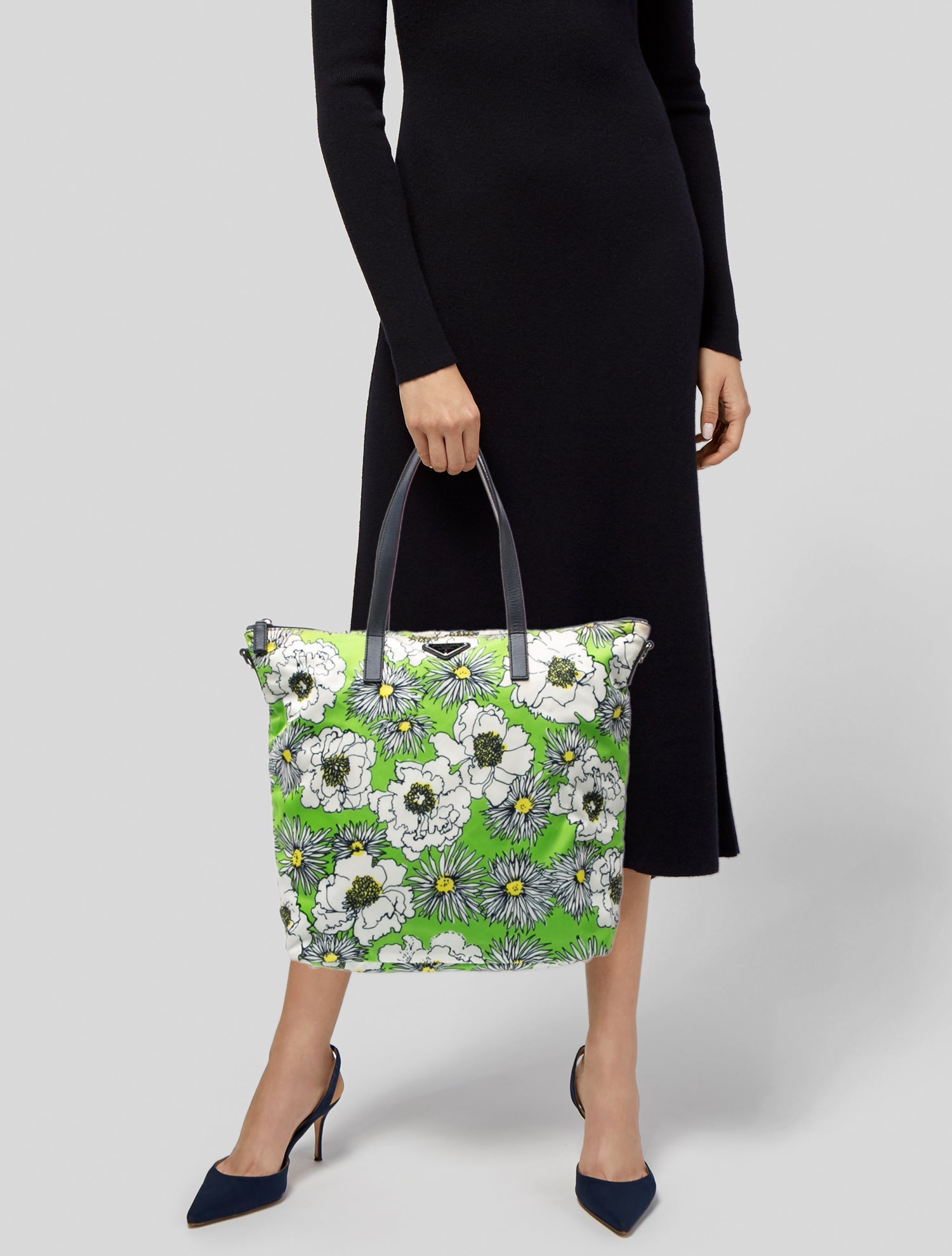 Prada Enameled Metal Triangle Tessuto Zipper Tote