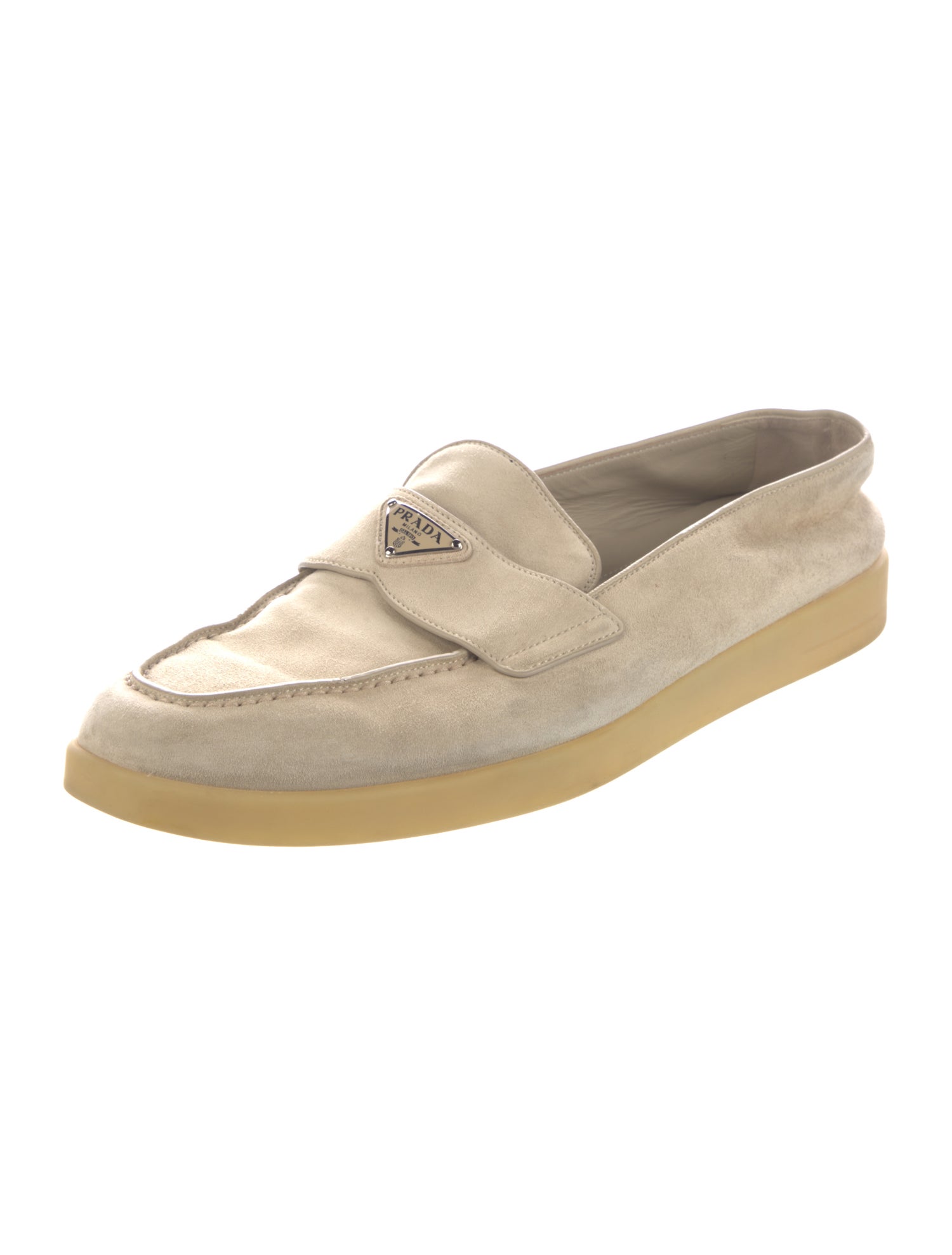 Prada Enameled Metal Triangle Suede Loafers
