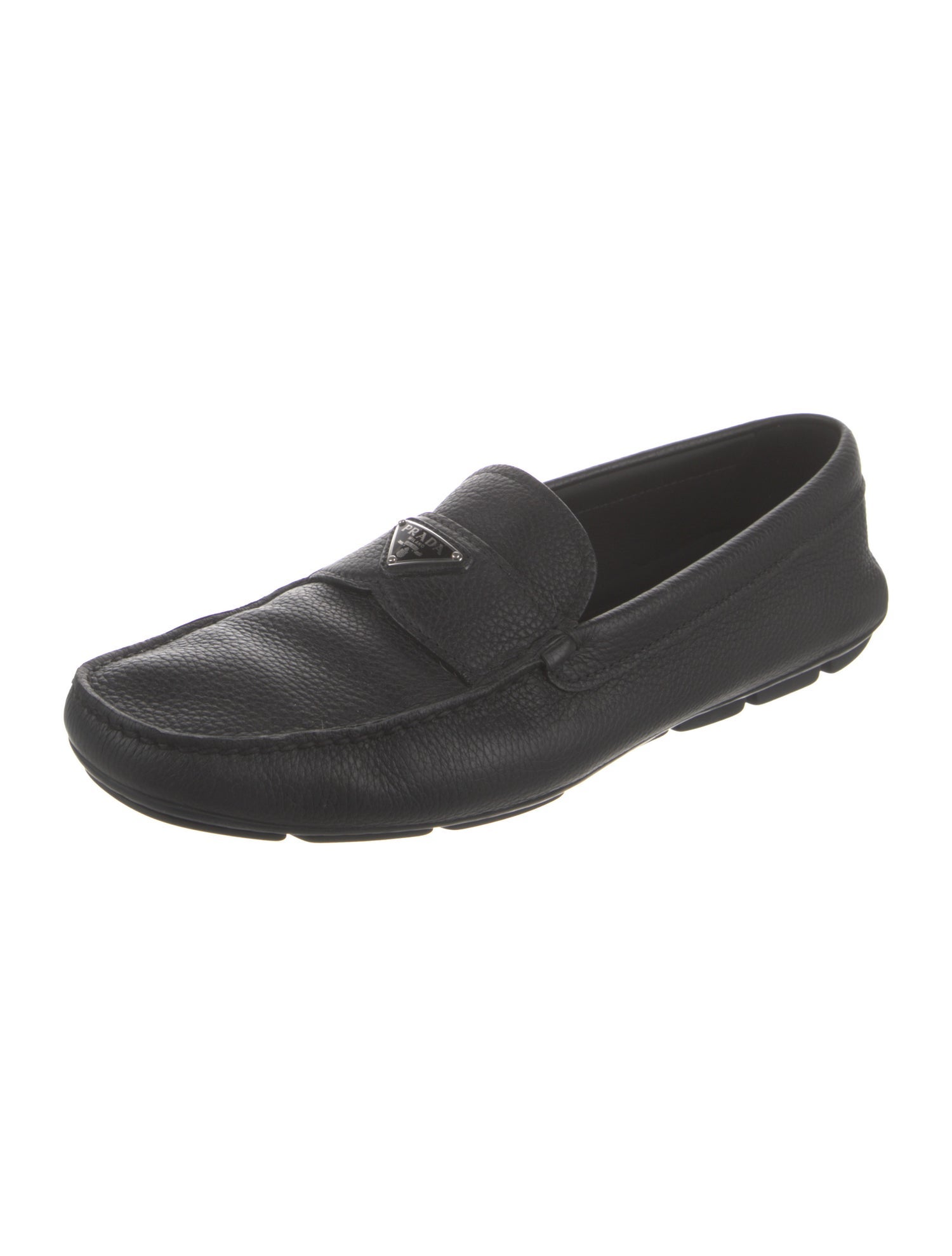 Prada Enameled Metal Triangle Leather Drivers