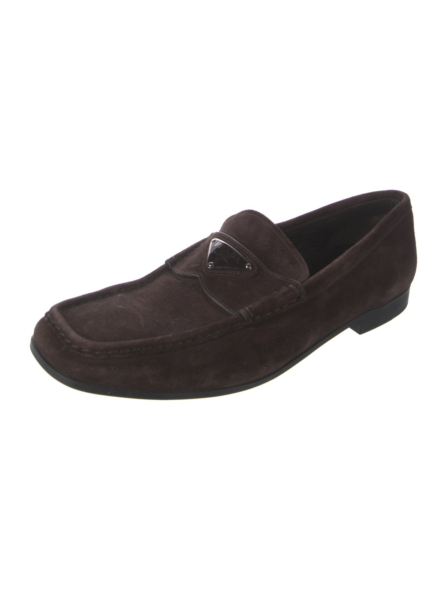 Prada Enameled Metal Triangle Suede Dress Loafers