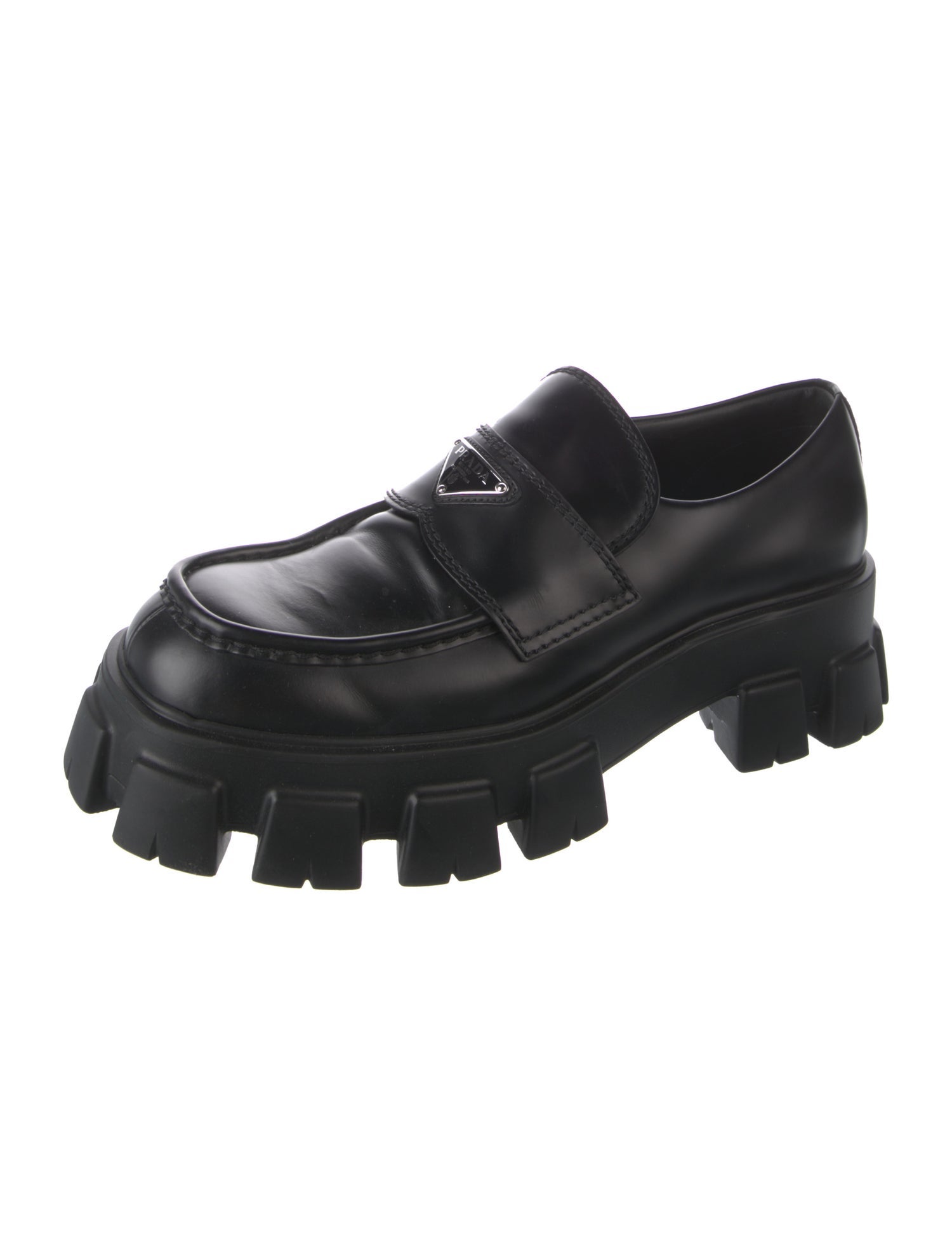 Prada Enameled Metal Triangle Leather Loafers