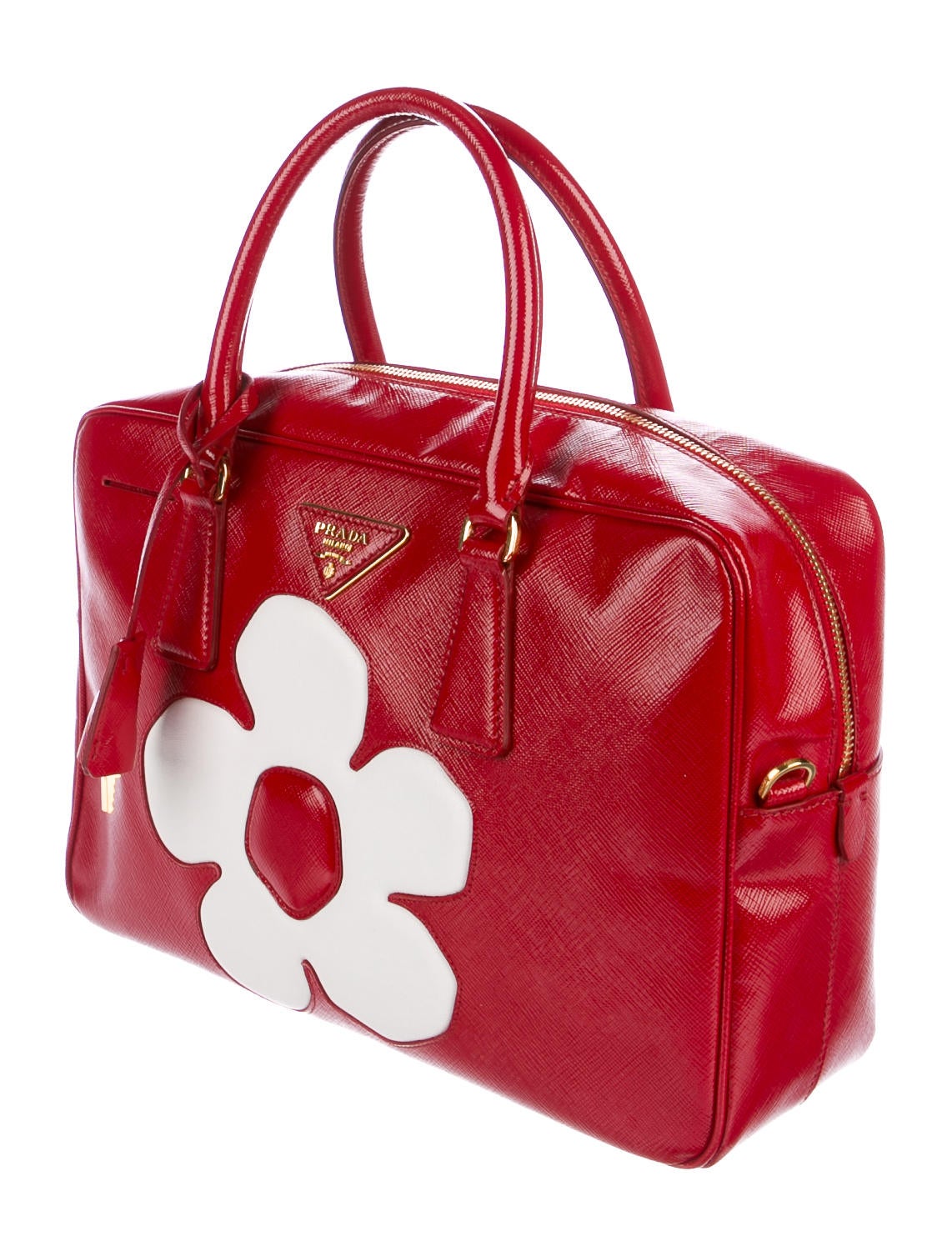 Prada Saffiano Vernice Flower Bag - Red Handle Bags, Handbags