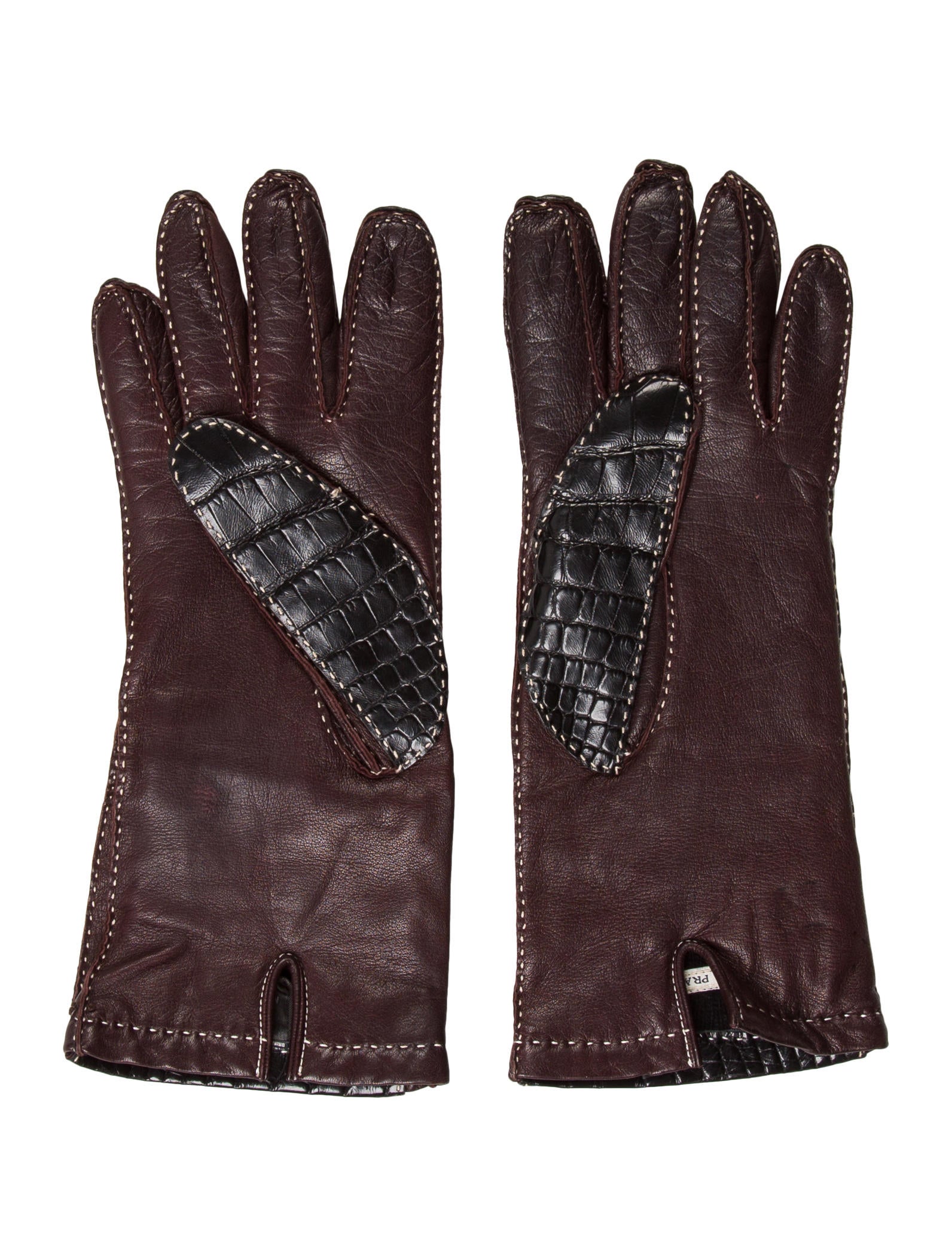 Prada Alligator Skin-Trimmed Leather Gloves - Black Gloves