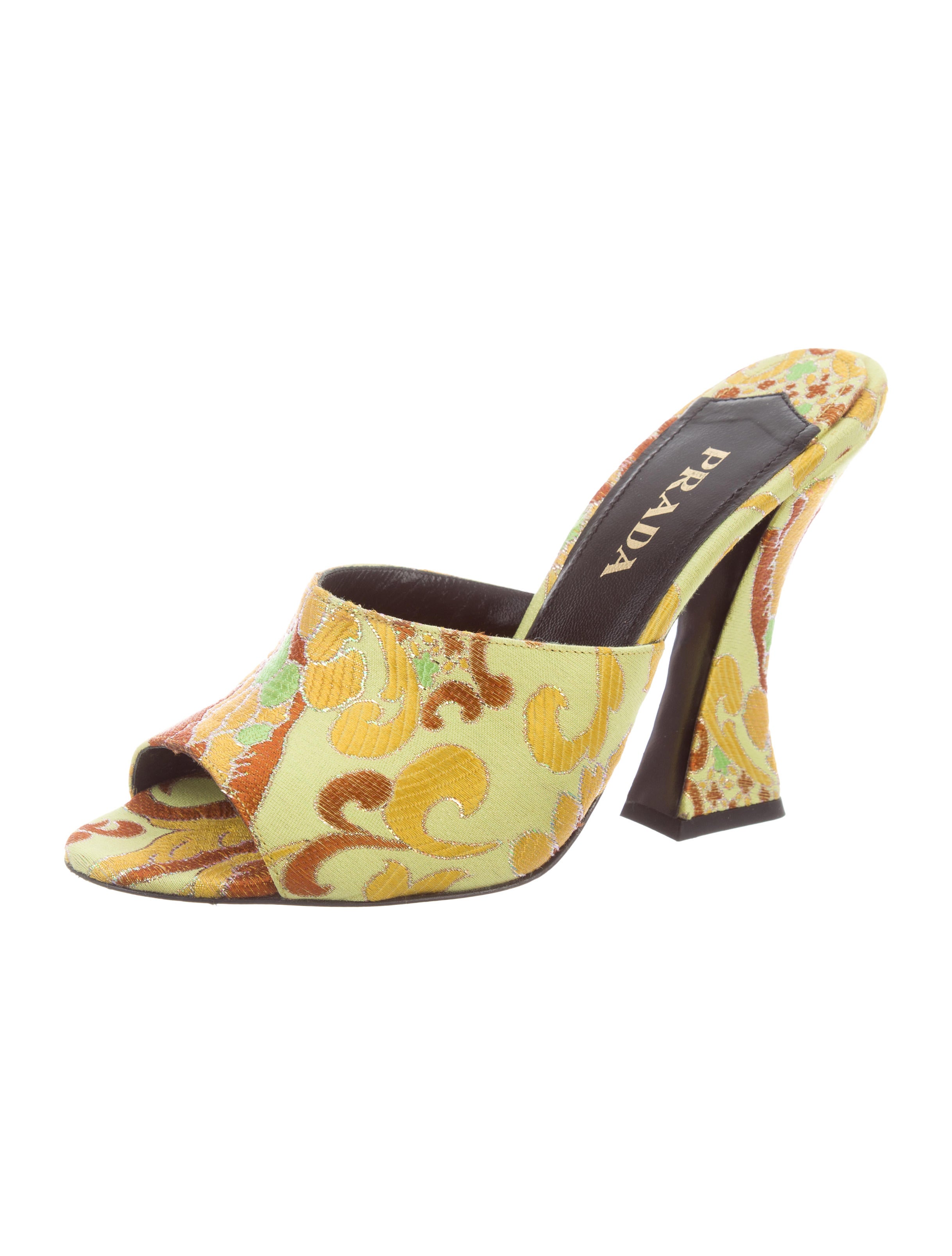 Prada Brocade Peep-Toe Mules - Green Pumps, Shoes - PRA180375