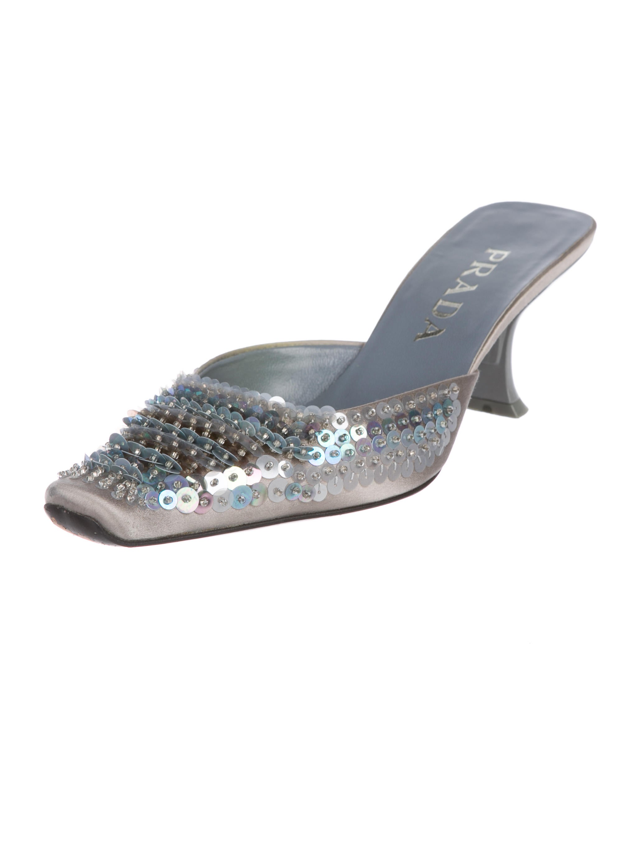Prada Sequin-Embellished Satin Mules - Grey Pumps, Shoes