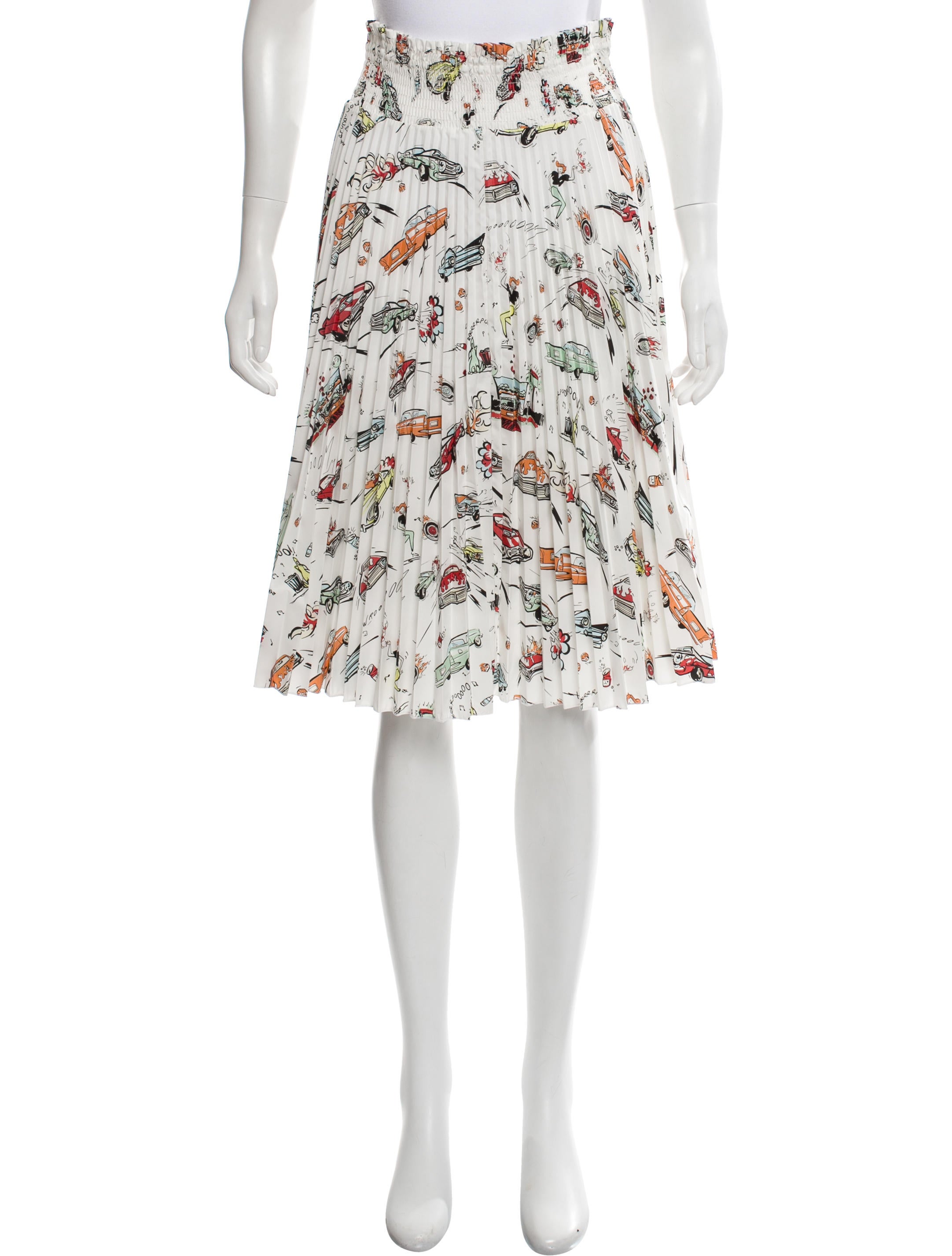 スカート PRADA P103ZESOOO.17N1 Skirts Prada Car Print Pleated Skirt - White Skirts, Clothing