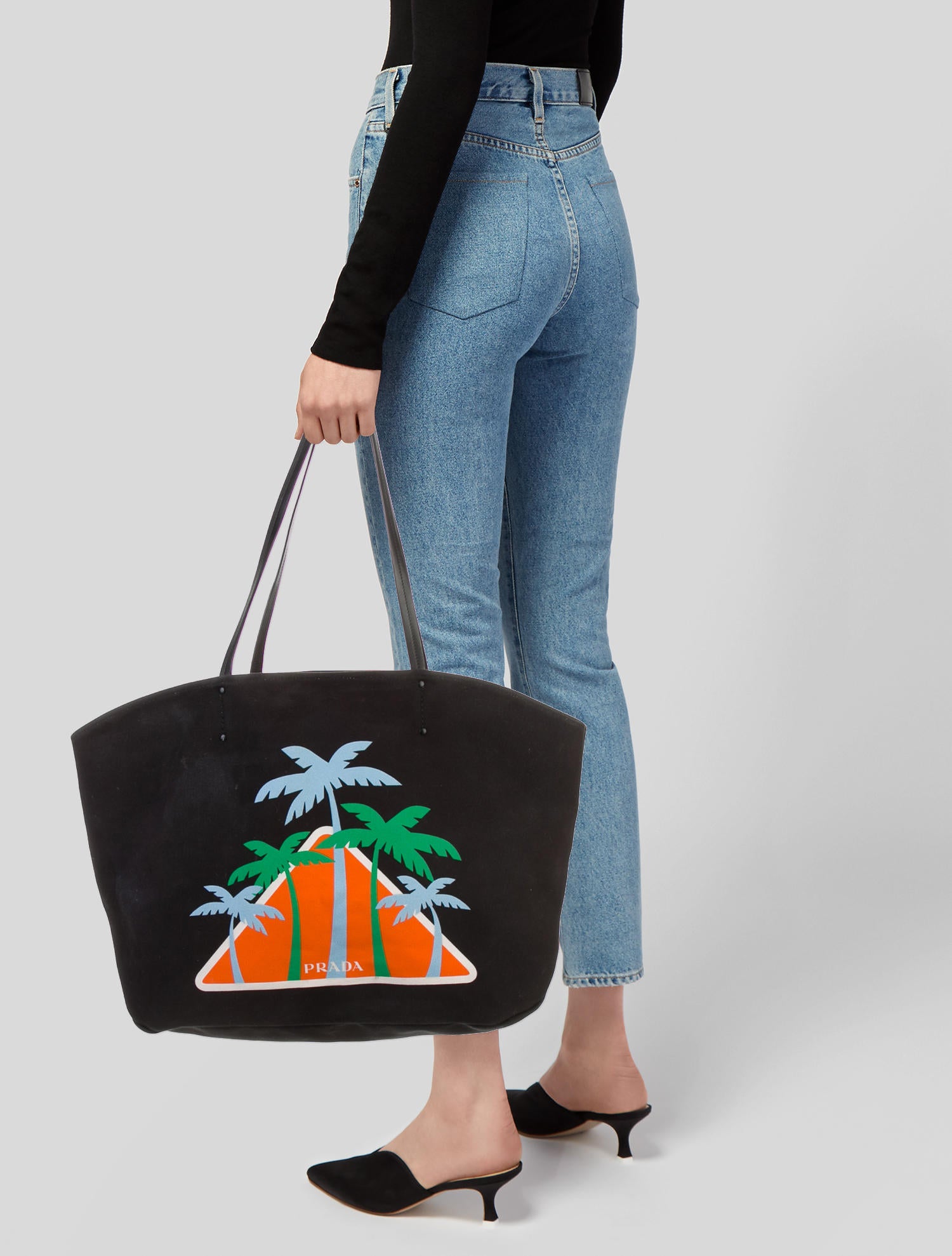 Prada 2018 Canapa Palm Tree Tote - Black Totes, Handbags