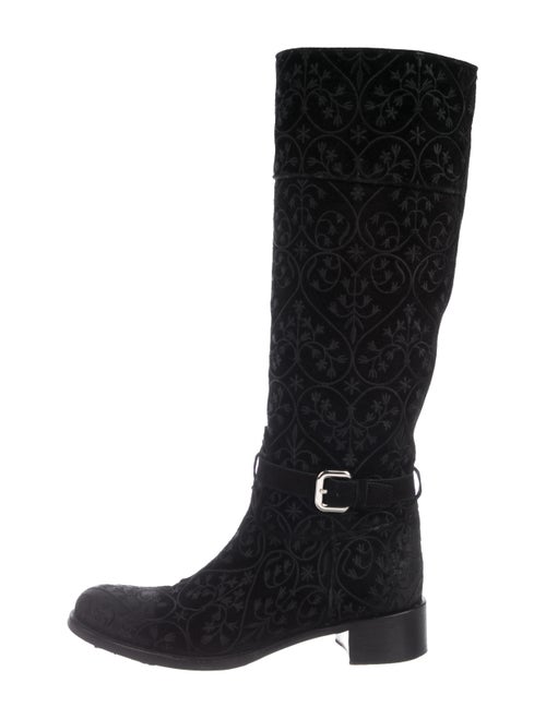 Prada Embroidered Knee-High Boots Black