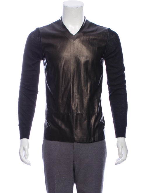 Prada Leather V-Neck Pullover Black