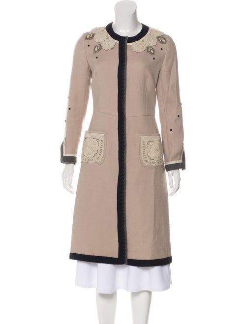 Prada Embroidered Long Coat Tan