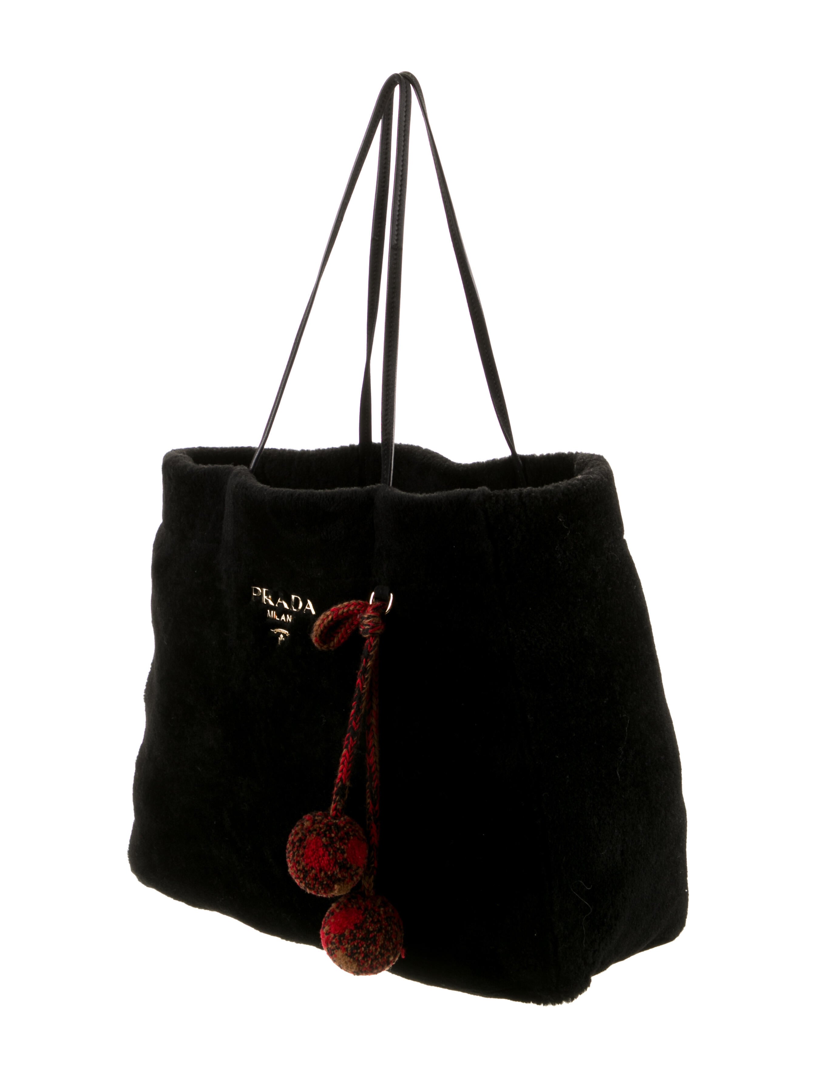 Prada Shearling Pom-Pom Shopper Tote - Black Totes, Handbags