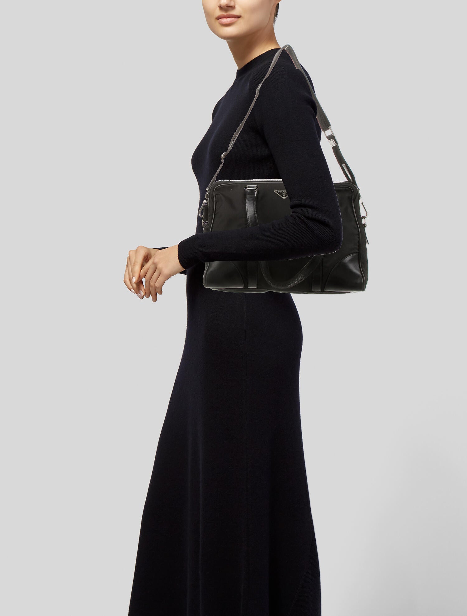 Prada LeatherTrimmed Tessuto Crossbody Bag Black Shoulder Bags