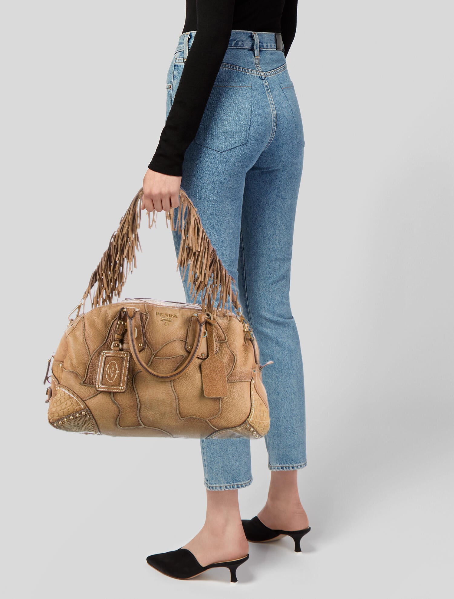 Prada Cervo Patch Fringe-Trimmed Bauletto Bag - Neutrals