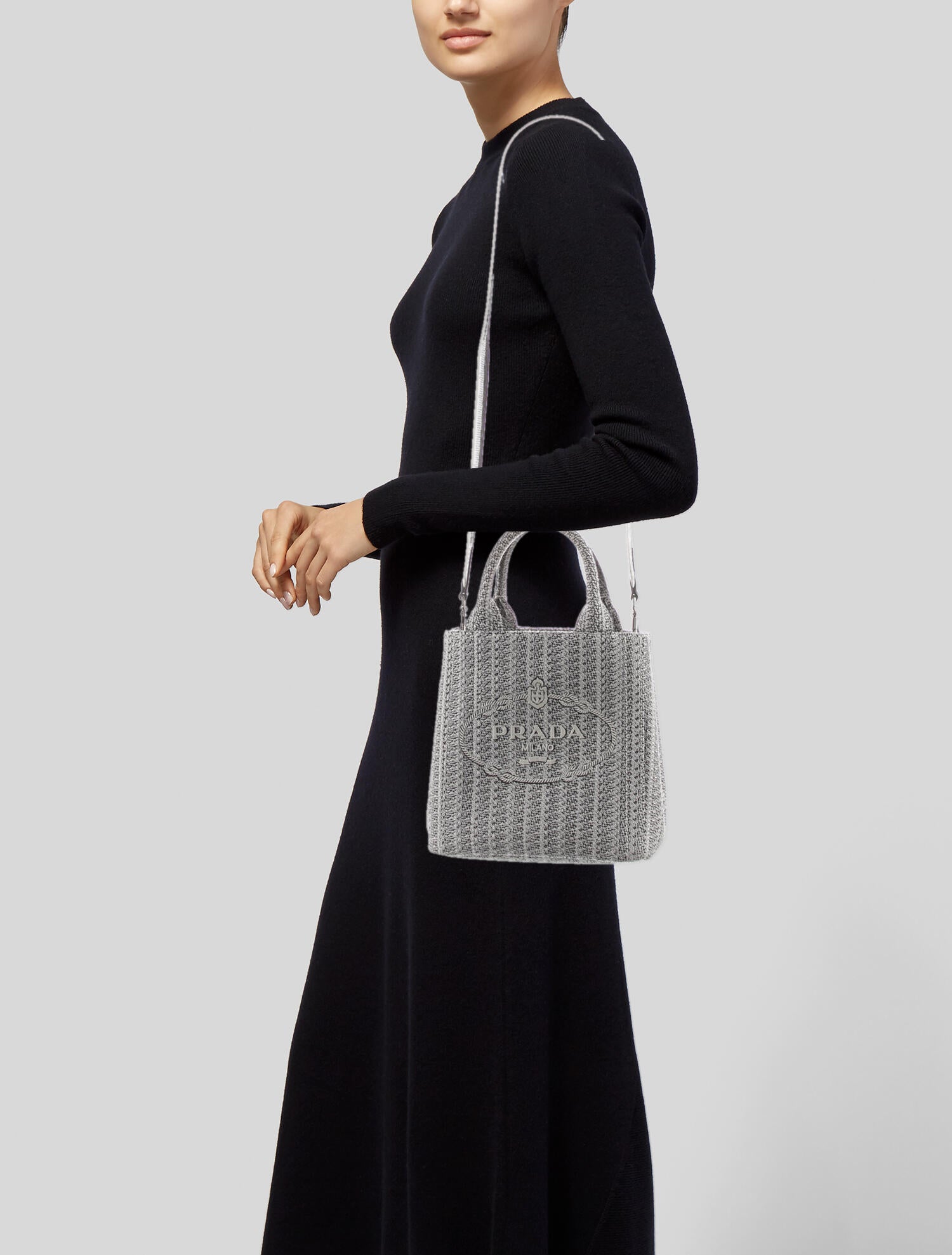 Prada Knit Jacquard Logo Tote w/ Crossbody - Grey Crossbody Bags