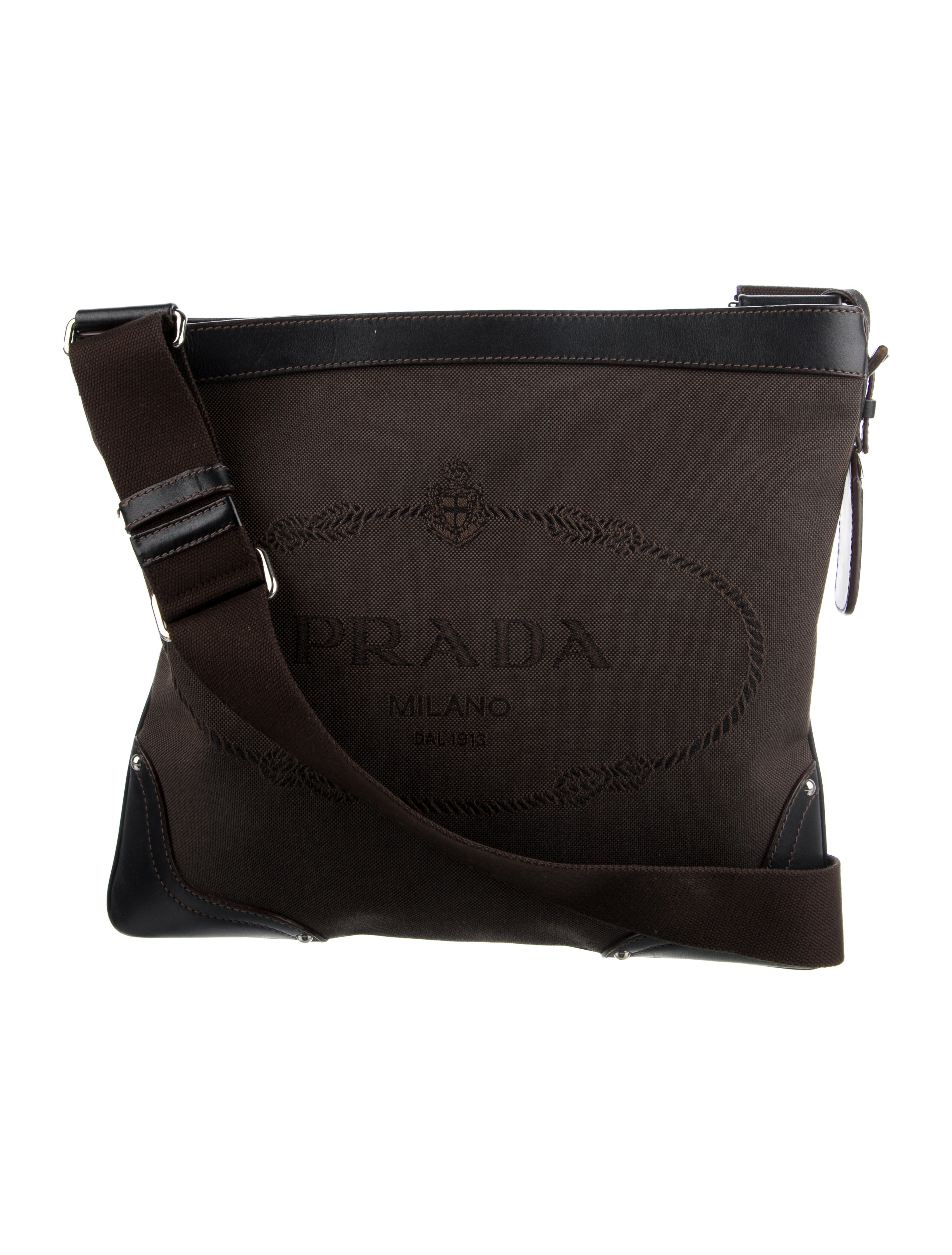 Prada VitelloTrimmed Canapa Messenger Bag Brown Crossbody Bags