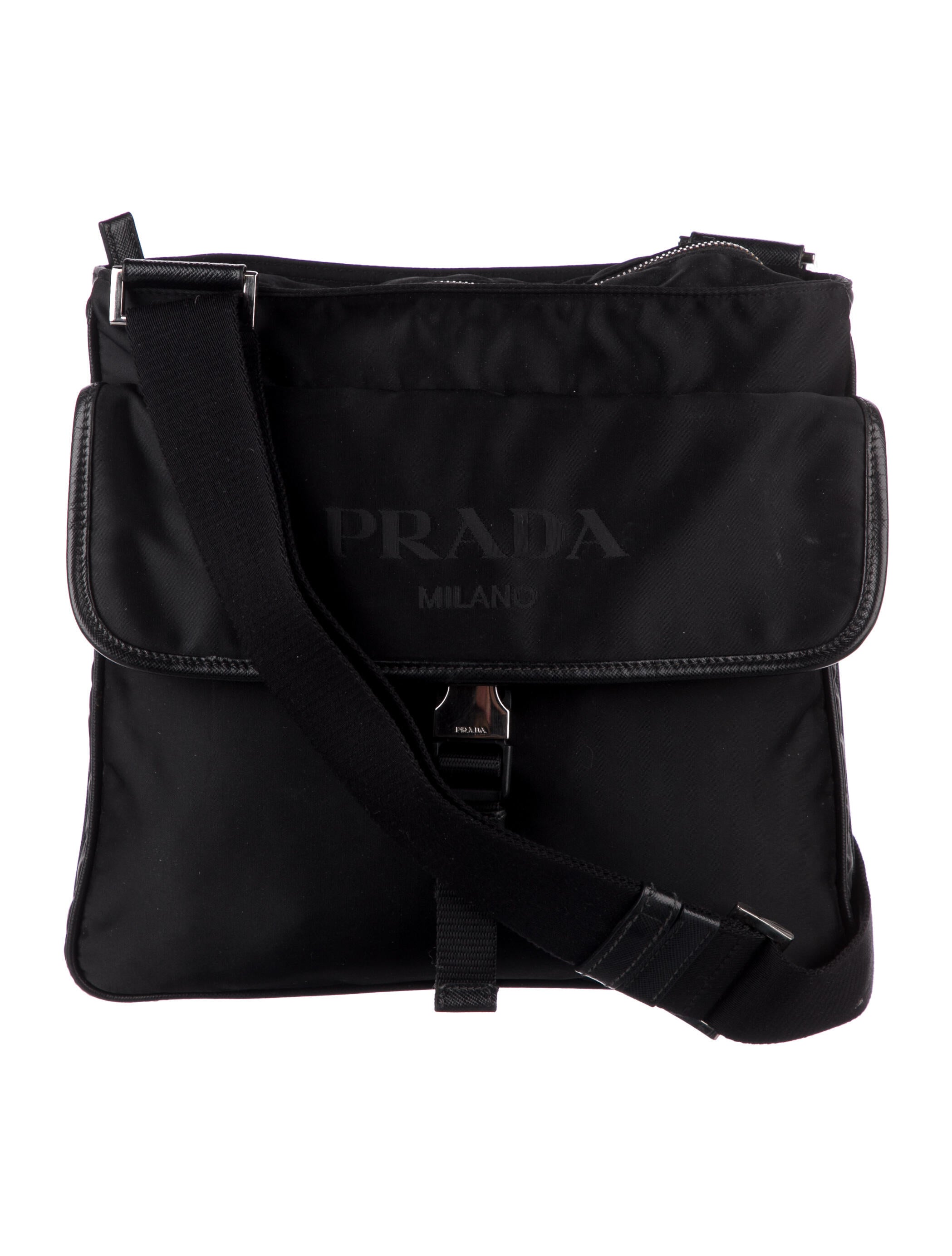 Prada LeatherTrimmed Buckle Bag Black Shoulder Bags, Handbags